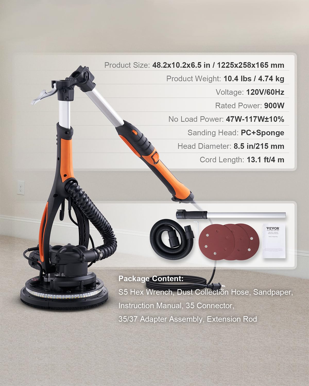 VEVOR Wall Smoother, 900W Electric Tool with 12 Sanding Discs, 800 to 1800 RPM Speed, 3 Vacuum Hoses, Collapsible for Ceiling Use, Dual LED Lights, Telescoping Handle, and Built-in Dust Collector