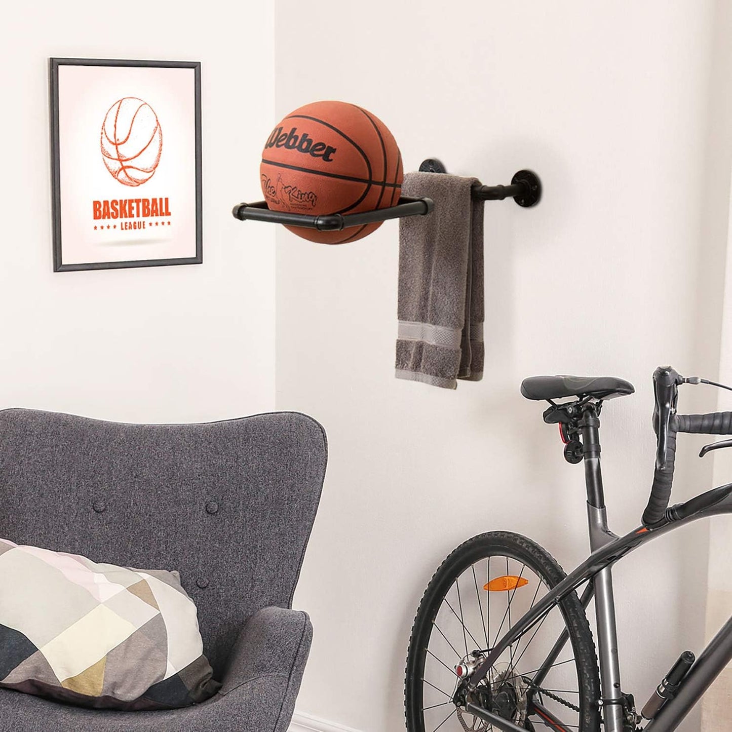 MyGift Yoga Ball Storage Wall Mount, Black Metal Pipe Racks for Exercise Ball Holder, Ball Storage for Home Gym or Studio