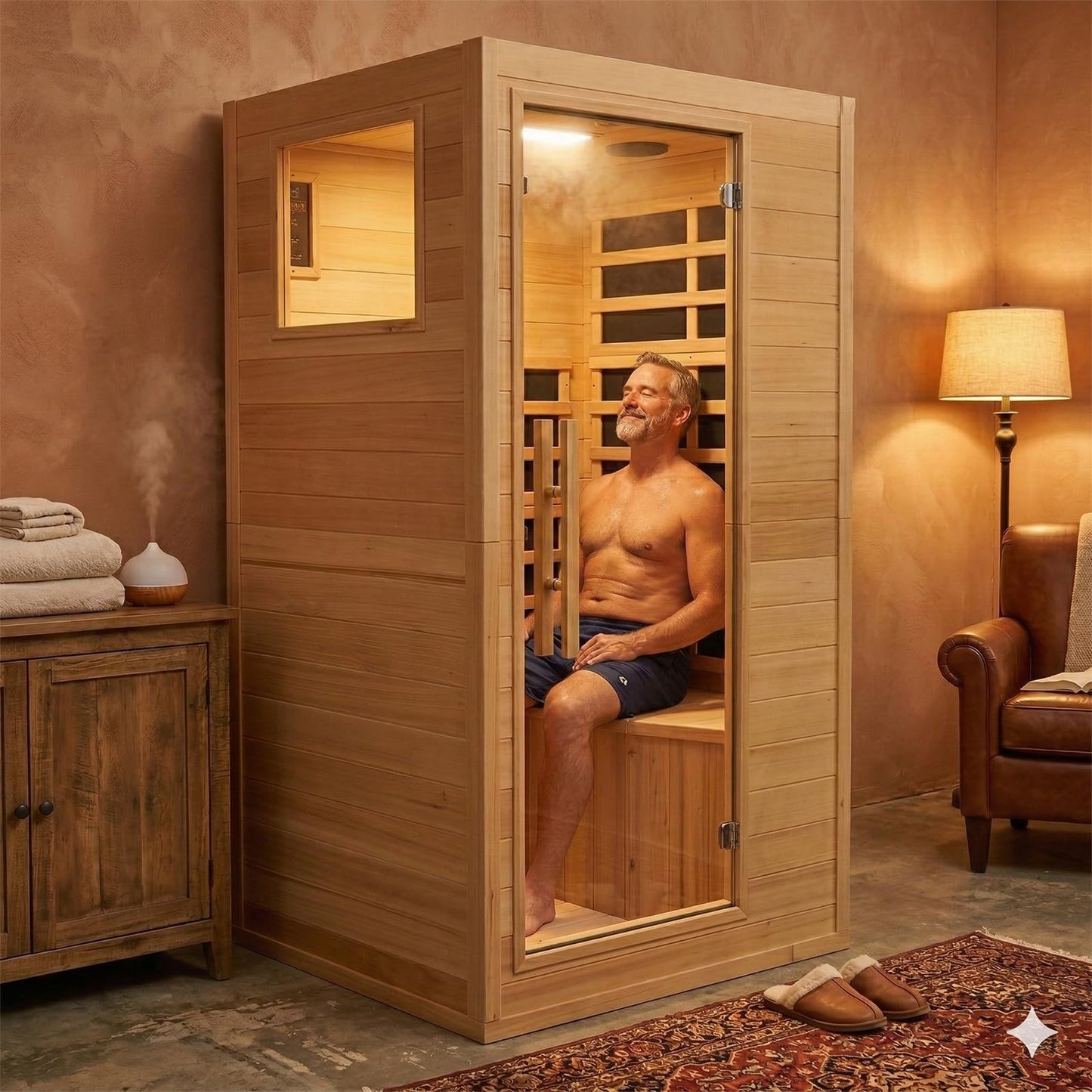 DWKWE 1 Person Low EMF Far Infrared Sauna, Natural Spruce Wood Compact Home Sauna, 1200W 110V, Bluetooth & Reading Light, 6mm Tempered Glass, Small Space Personal Sauna