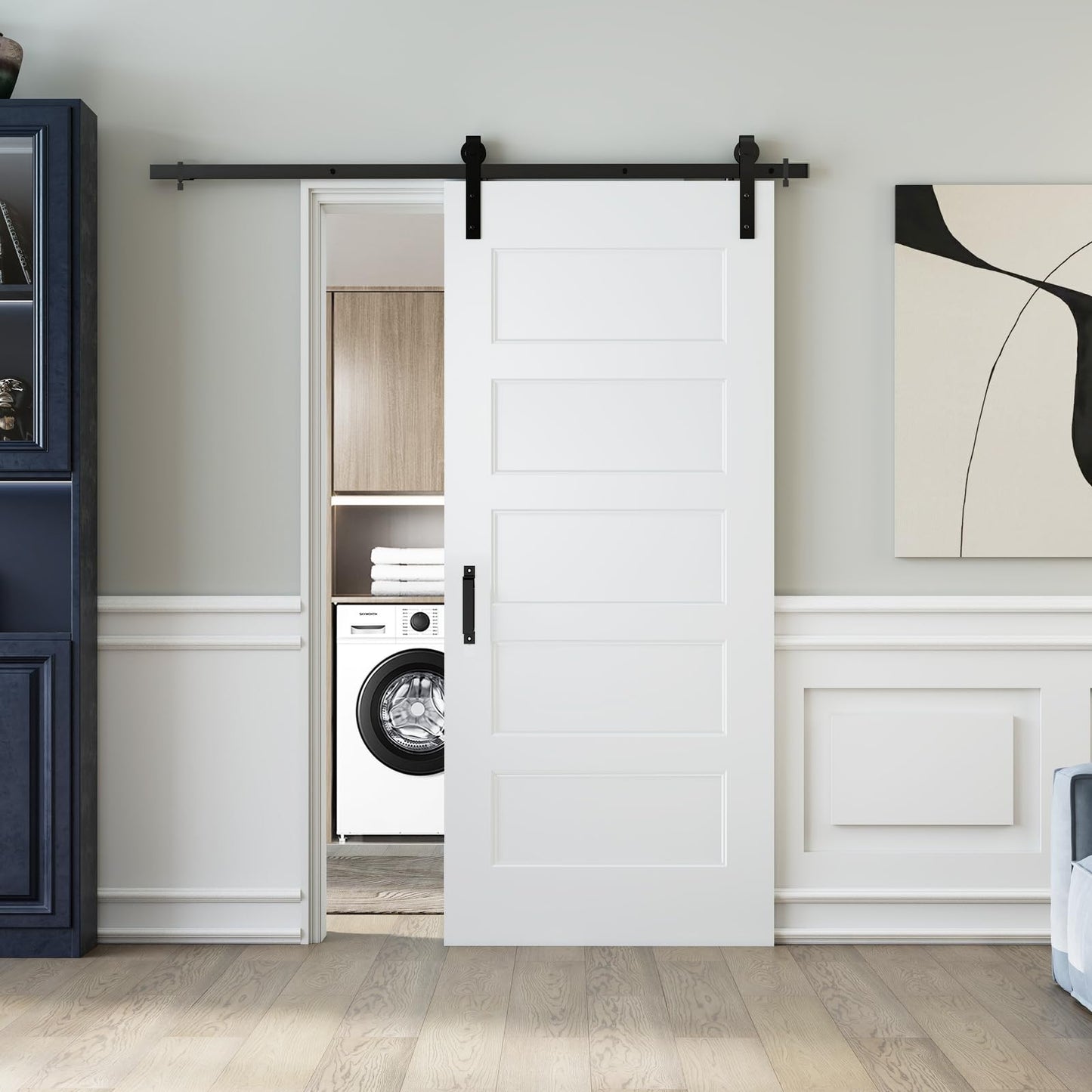 JUBEST 36"x84" Sliding Barn Door, 5-Panel White Primed Hollow Core Interior Molded Door Slab with 6FT Hardware Kits & Handle, Preassembled Panels with Paintable Surface, Durable & Sturdy
