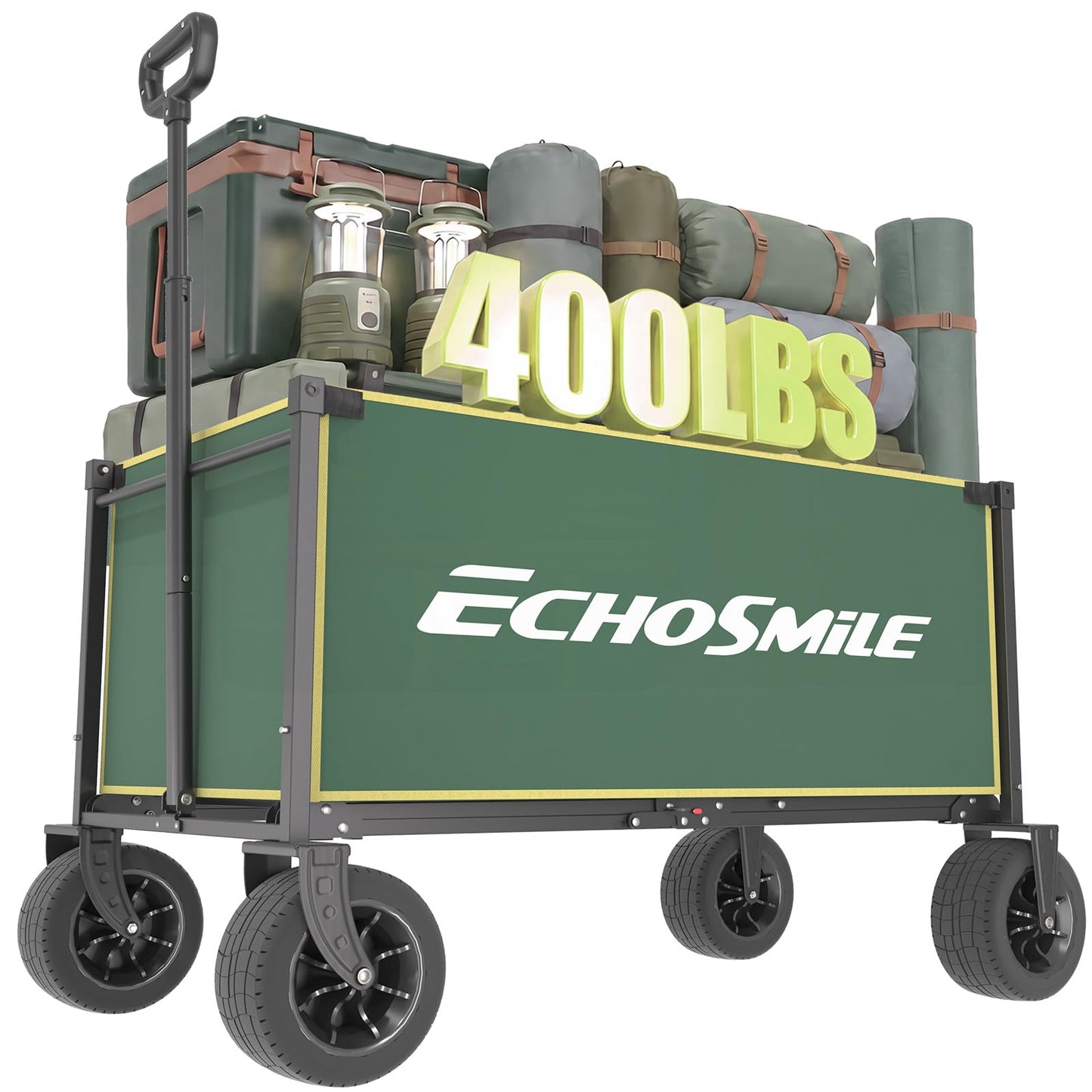 EchoSmile Collapsible Wagon Cart for Camping & Beach - Heavy Duty 400lbs Capacity All-Terrain Cart with Wide Wheels, Portable Folding Utility Wagon for Grocery, Garden, Sports,Green&Yellow