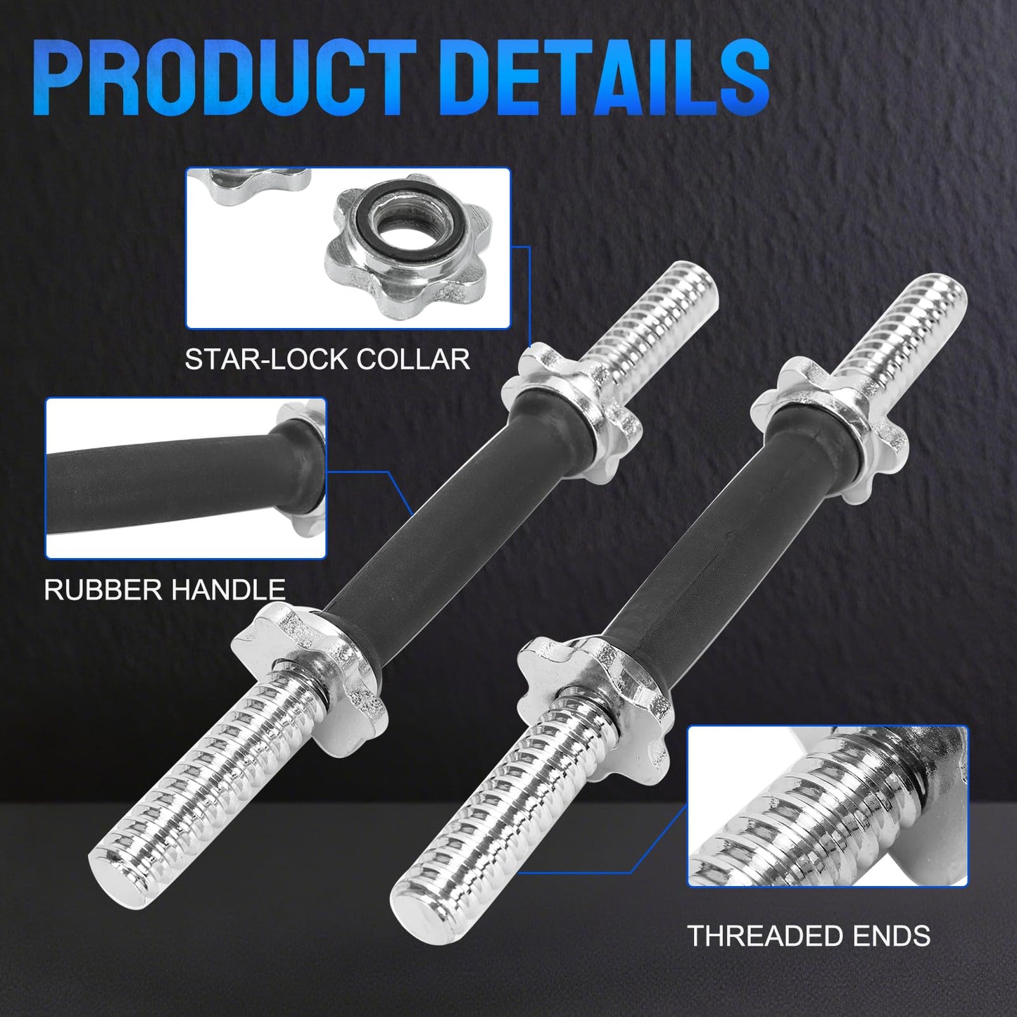 Threaded Dumbbell Rubber/Chrome Handles, Adjustable Dumbbell Bar Handles for Gym Workouts, Exercise, Weightlifting - Fit 1 inch Standard Weight Plate,Sold in Pair