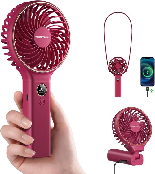 **SWEETFULL Handheld Portable Fan - 5000mAh Rechargeable Battery, 6 Speed Settings, LED Display | Mini Travel Fan**