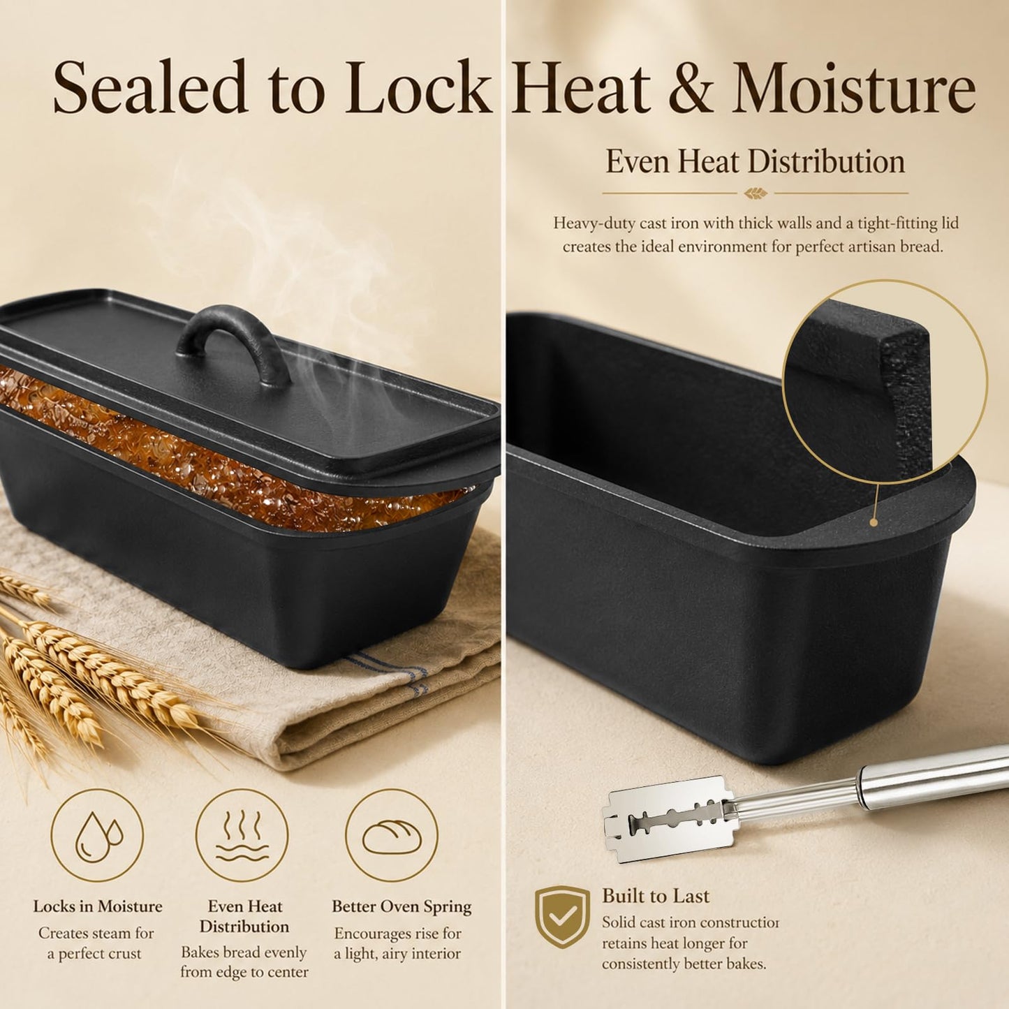 Cast Iron Dutch Oven Bread Loaf Pan with Lid, 14 x 5.5 Inch 3.2QT Pre-Seasoned Pan for Sourdough Baking, Includes Baking Supplies for Homemade Artisan Bread, Heavy Duty with Even Heat Distribution