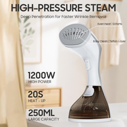 Lollair Handheld Clothes Steamer - 1200W 20S Heat-Up, 250ml Capacity, 13-Vent Design for All Fabrics