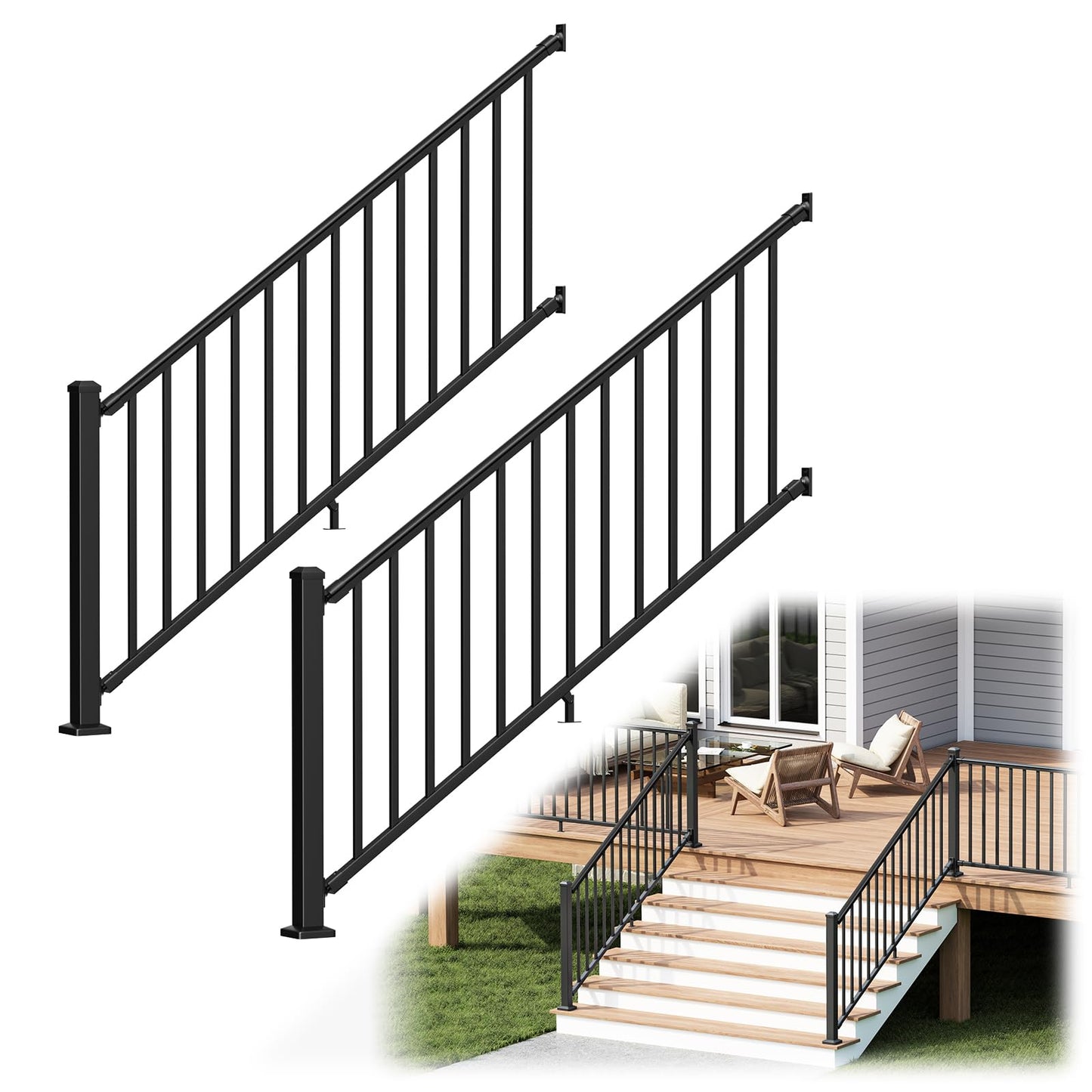 CKE 36 in. H x 6 ft. W Porch and Deck Railing Kit with Post, Aluminum Stair Railing Kit Outdoor, AAMA 2604 Textured Matte Black Stair Railing System for Decks, Porches & Balconies(2 Post, 2 Panel)