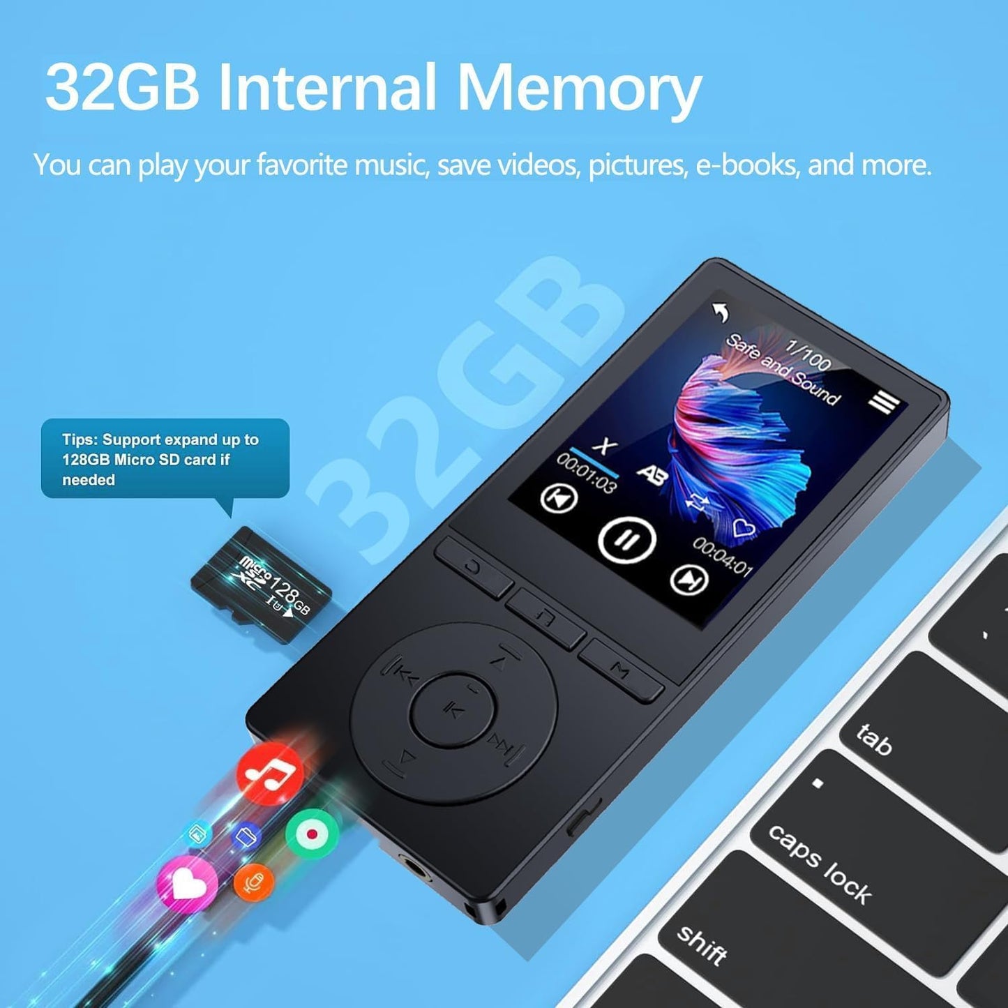 Aiandcc 64GB MP3 5.3, 2.4" MP3 128GB, Player with Bluetooth Music Player with HiFi Sound for Sports Runners, Screen