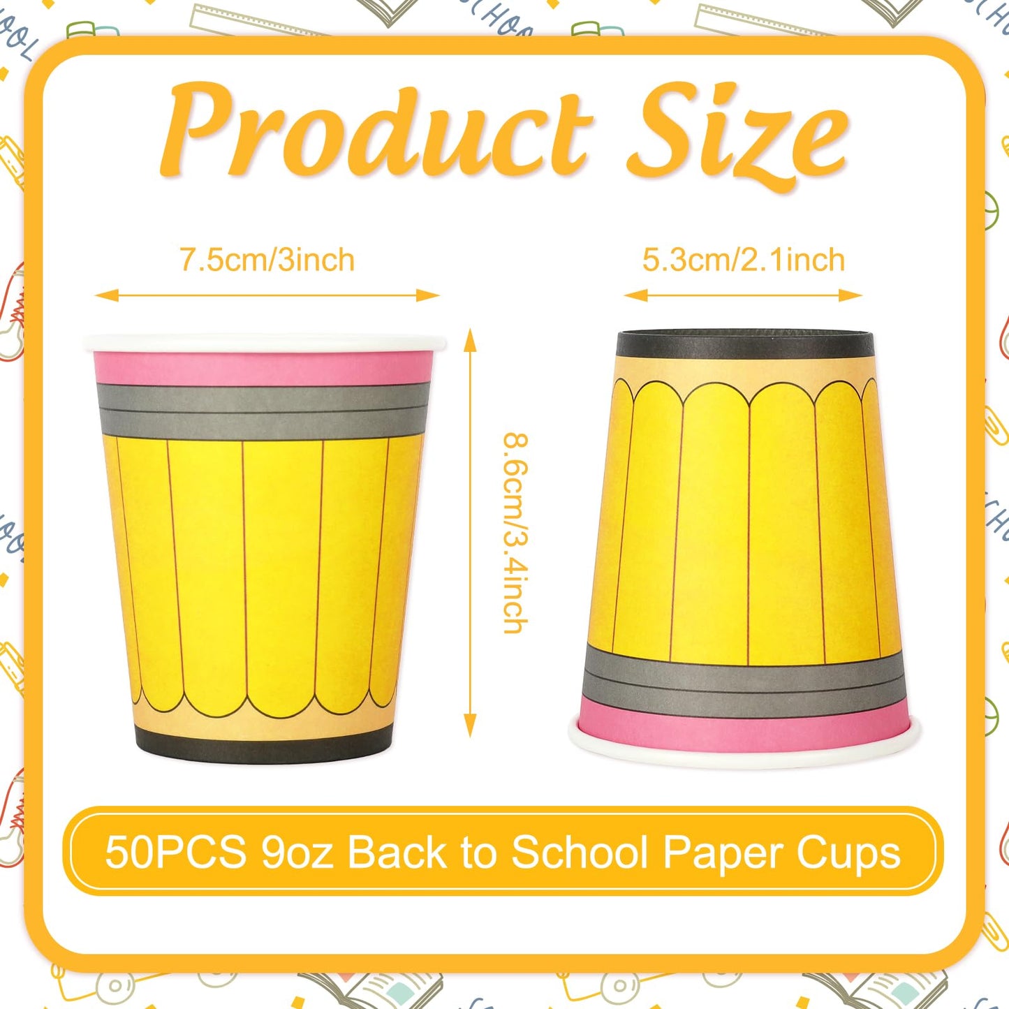 Whaline 50Pcs Back to School Paper Cups 9 Oz Yellow Pencil Design Disposable Cups for Coffee Tea Snacks Classroom First Day of School Party Supplies
