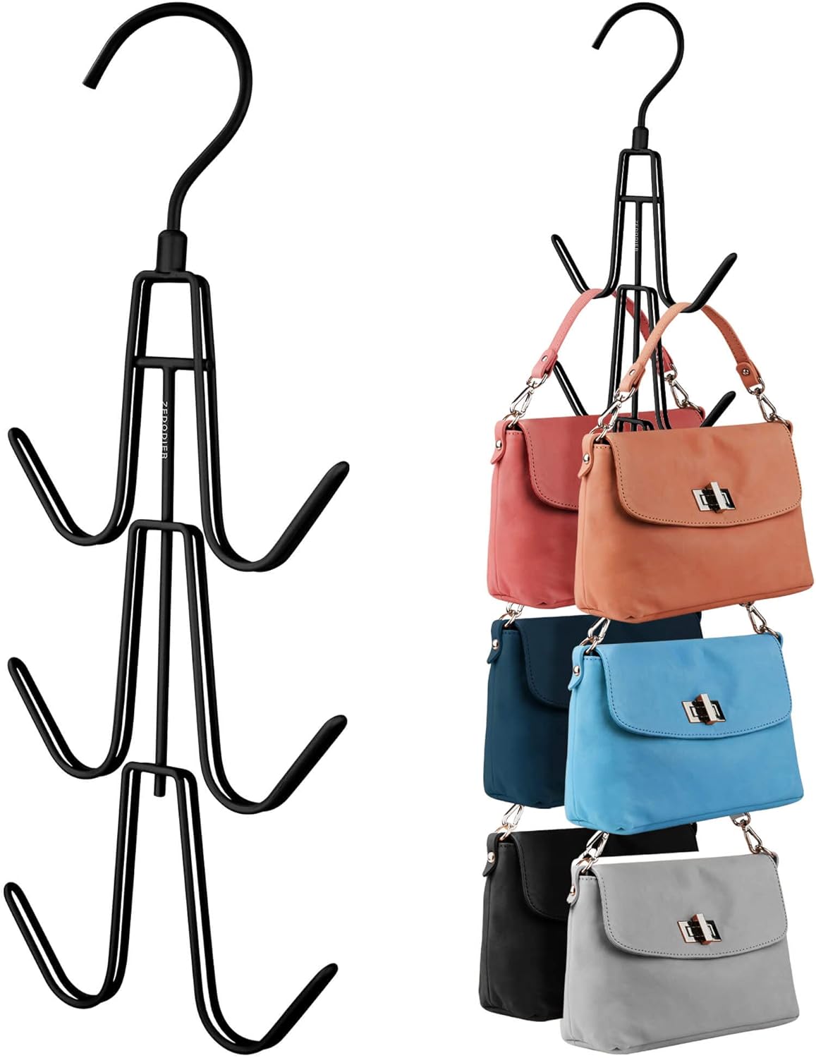 ZEDODIER Purse Organizer - Heavy-Duty Metal Hanging Hanger Holds Up to 12 Purses | Black, Space-Saving Design