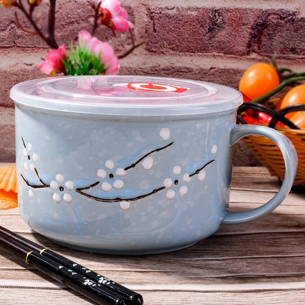 Whitenesser Asian Porcelain Noodle Bowls with Lid Japanese Style Microwavable Ceramic Ramen Bowl with Lid (Blue)