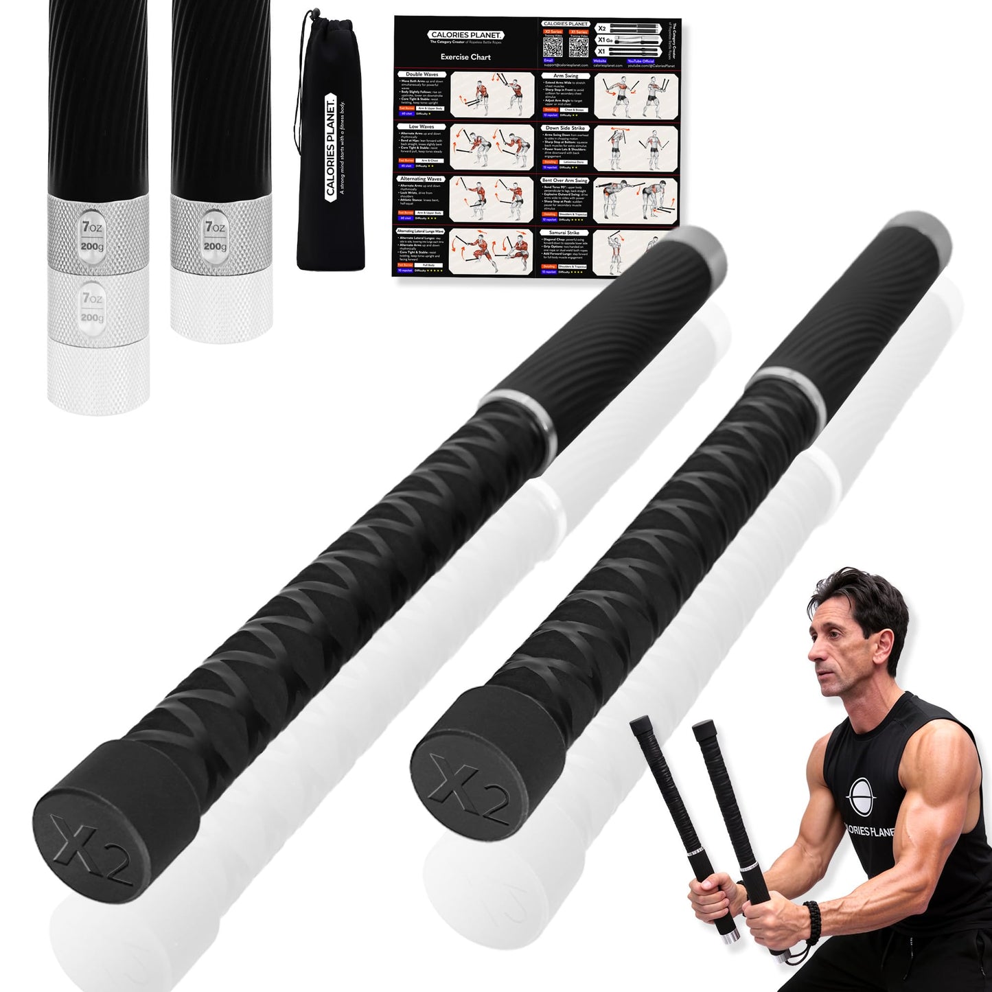 X2 Ropeless Battle Ropes Adjustable Weight - Wrist Friendly Structure, Stackable Add-On Weights, Rope & Bar Dual Forms Transformable, Professional Cordless Battle Ropes