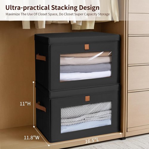 Homsorout Collapsible Storage Bins - Large Stackable Organizer Bins with Handles & Window | 2 Pack, Black