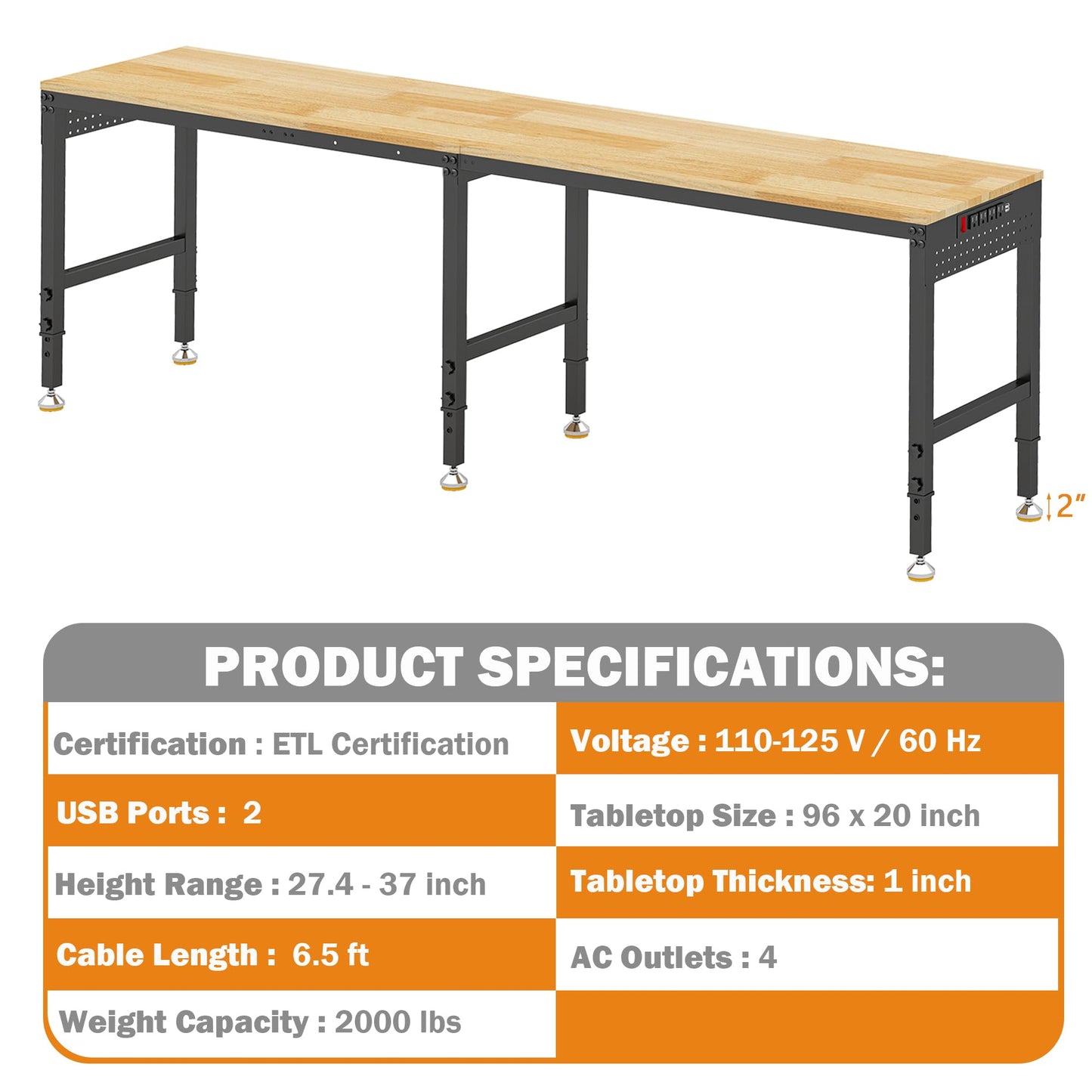 Betterhood 96" 2-in-1 Convertible Adjustable Workbench, L-Shaped & Extended 5000 LBS Heavy Duty Work Table with Power Outlets & Pegboard, Rubber Wood Workstation for Garage, Workshop