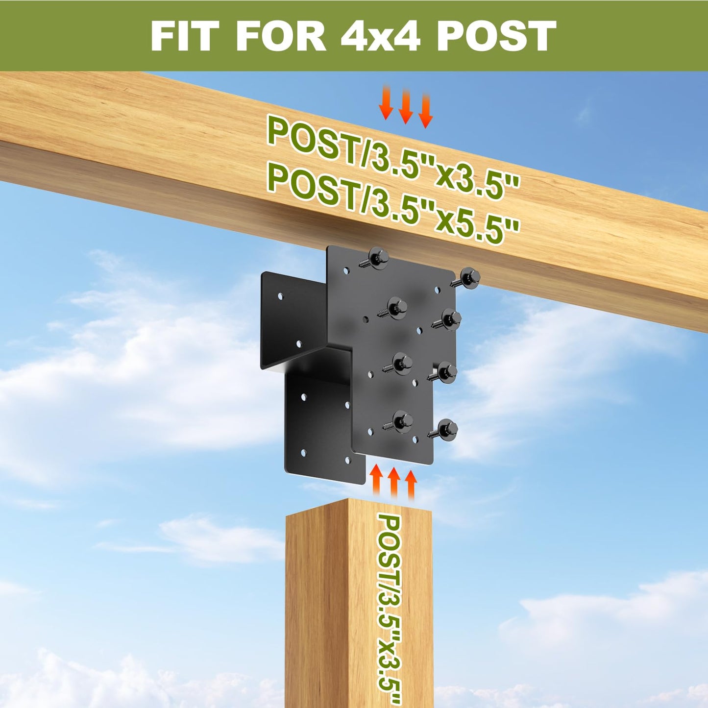 4x4 Post Caps Tie Brackets (Actual 3.5"x3.5") -2 Pack Heavy Duty Galvanized Steels Pergola Connector Brackets for Wood Posts, Gazebo & Deck Beams (Black)