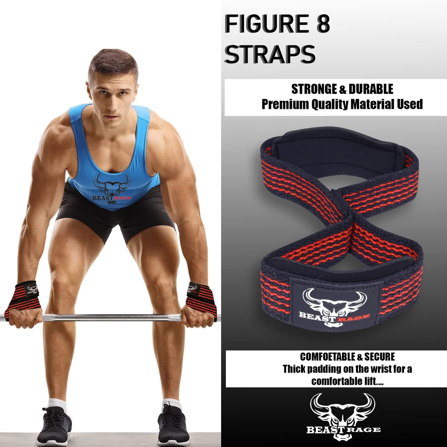BEAST RAGE Heavy Duty Lifting Wrist Straps for Weightlifting, Figure 8 Loop Powerlifting Deadlift Strap wraps Weights Padded Support Professional Fitness Gym Bodybuilding (Red)