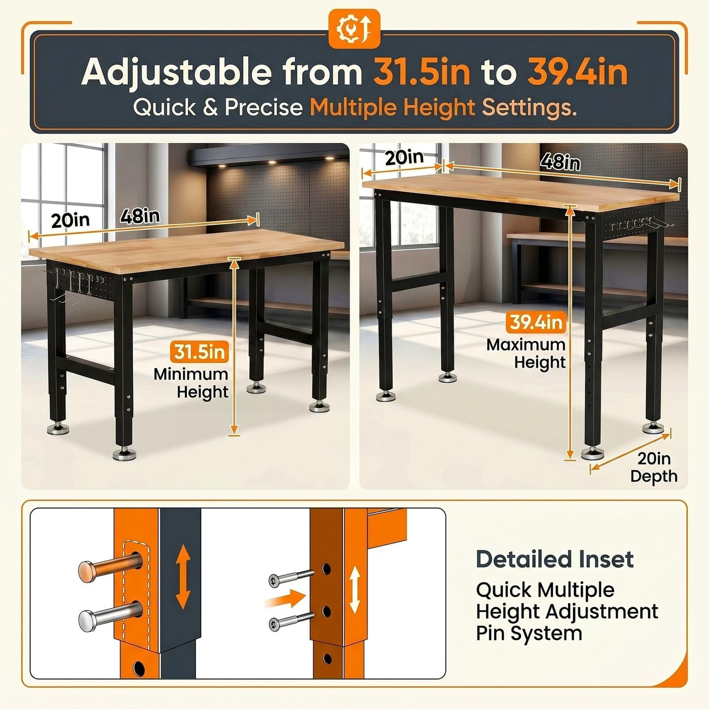 TLGREEN 48" Adjustable Workbench | Solid Rubberwood Top | 2000lbs Heavy-Duty Work Table | Pegboard, Hooks & Power Outlets | Garage, Workshop, Office