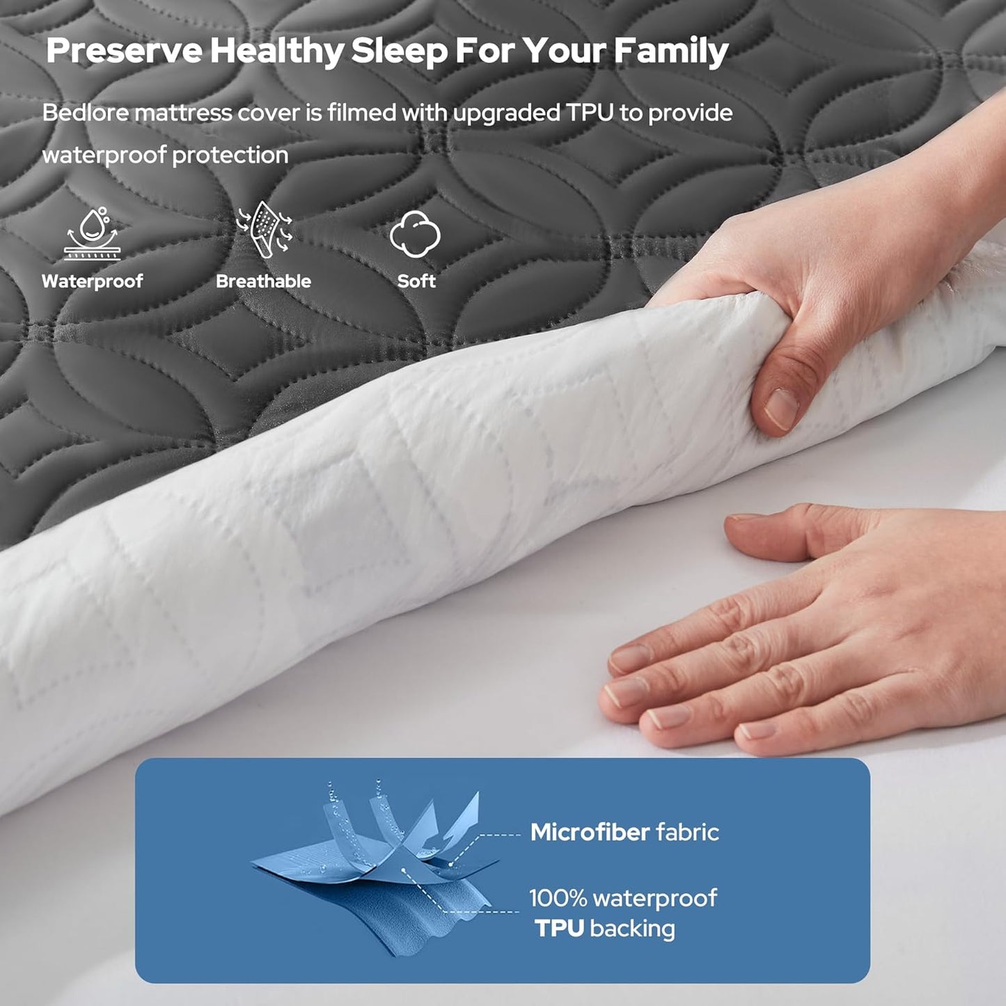 BEDLORE Waterproof Mattress Protector - California King Size, Soft Noiseless Cover for 6"-18" Depth, Washable (Gray)