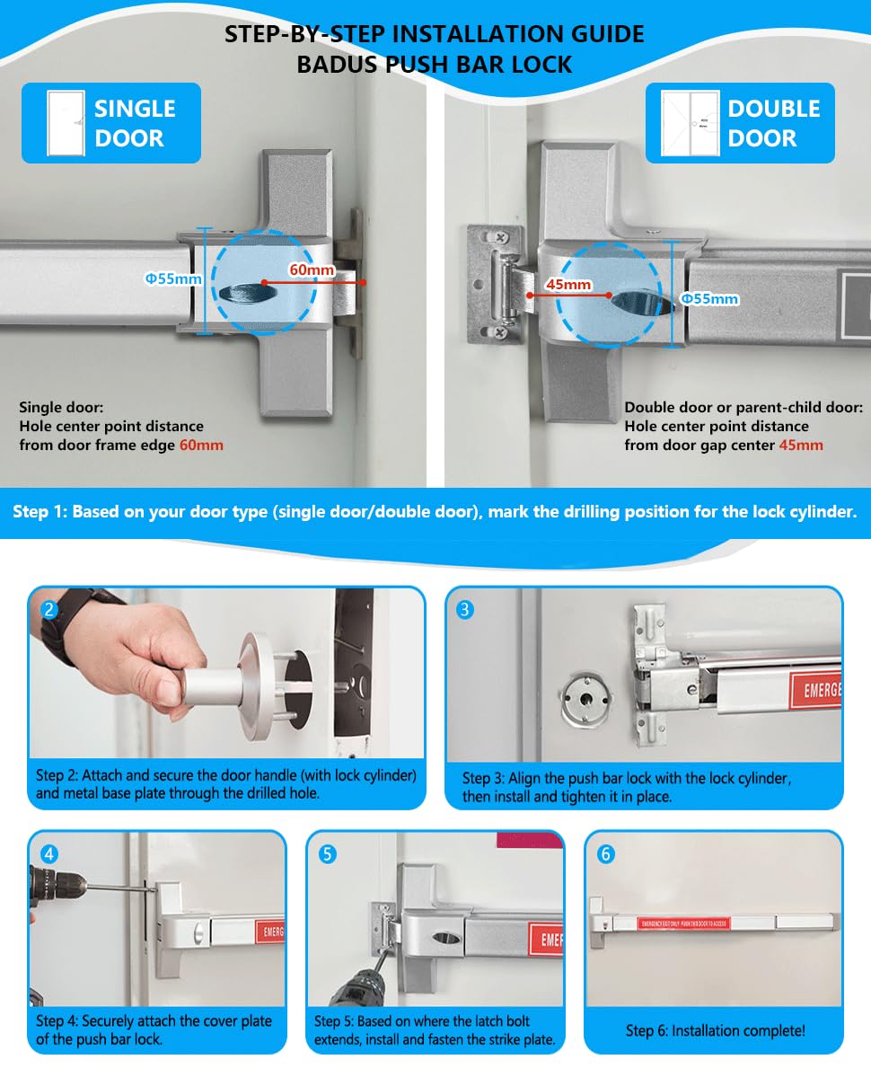 Commercial Door Push Bar Panic Exit Device with Exterior Lever - 31.5”/80cm Stainless Steel Panic Bars for Exit Doors, Emergency Exit Panic Door Hardware for 32”-48” Wood Metal Door, Silver