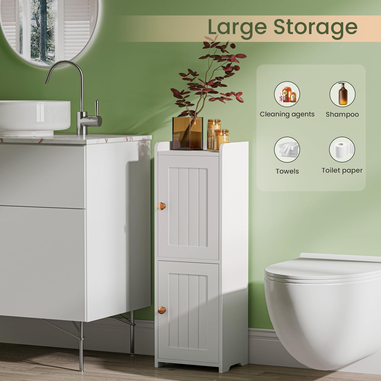Snughome Bathroom Storage Cabinet, Small Bathroom Cabinet with 2 Doors & Adjustable Shelf, Narrow Toilet Paper Cabinet for Small Spaces, White, 7.9" D x 9.8" W x 29.5" H