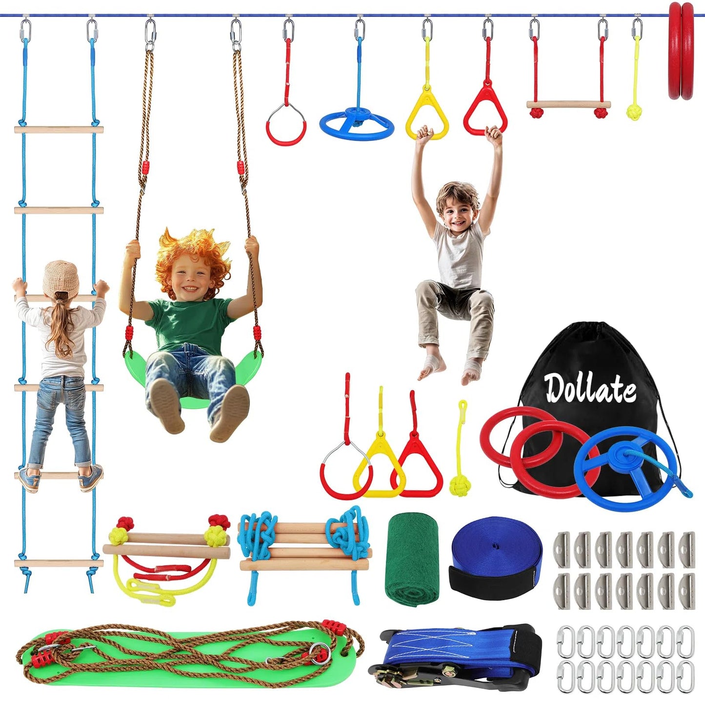 Dollate Ninja Warrior Obstacle Course for Kids - 65 FT, Outdoor Obstacle Course 13 Accessories, Swings, Monkey Bars, Arm Trainers - Suitable for Boys and Girls 3+ - 440 lbs Capacity