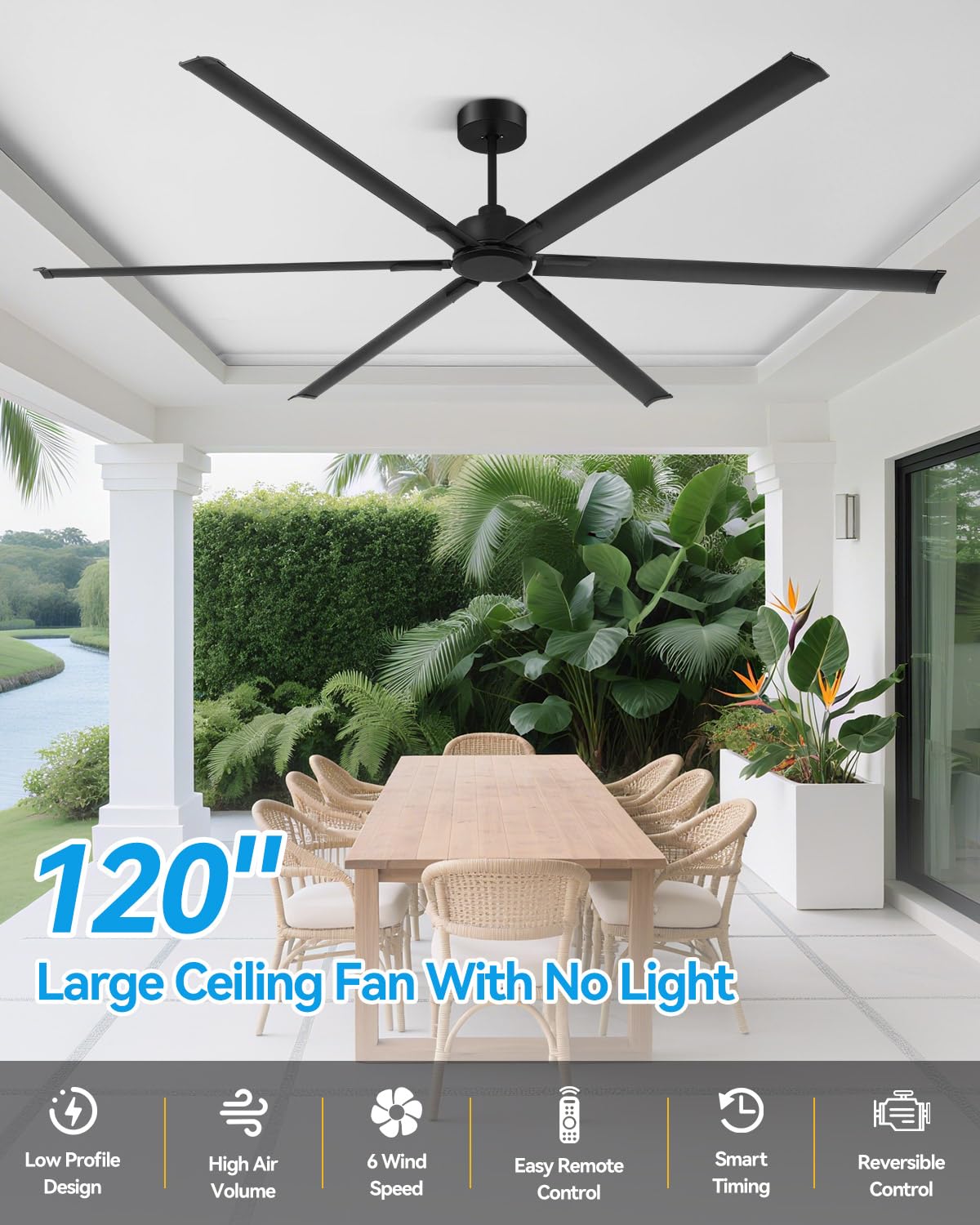 [Heavy Duty] 120 Inch Industrial Ceiling Fan, Big Assed Fan, HVLS Extra Large Commercial Ceiling Fan with Aluminum Blades, Remote Control, Powerful Reversible DC Motor for Warehouse, Shop, Garage