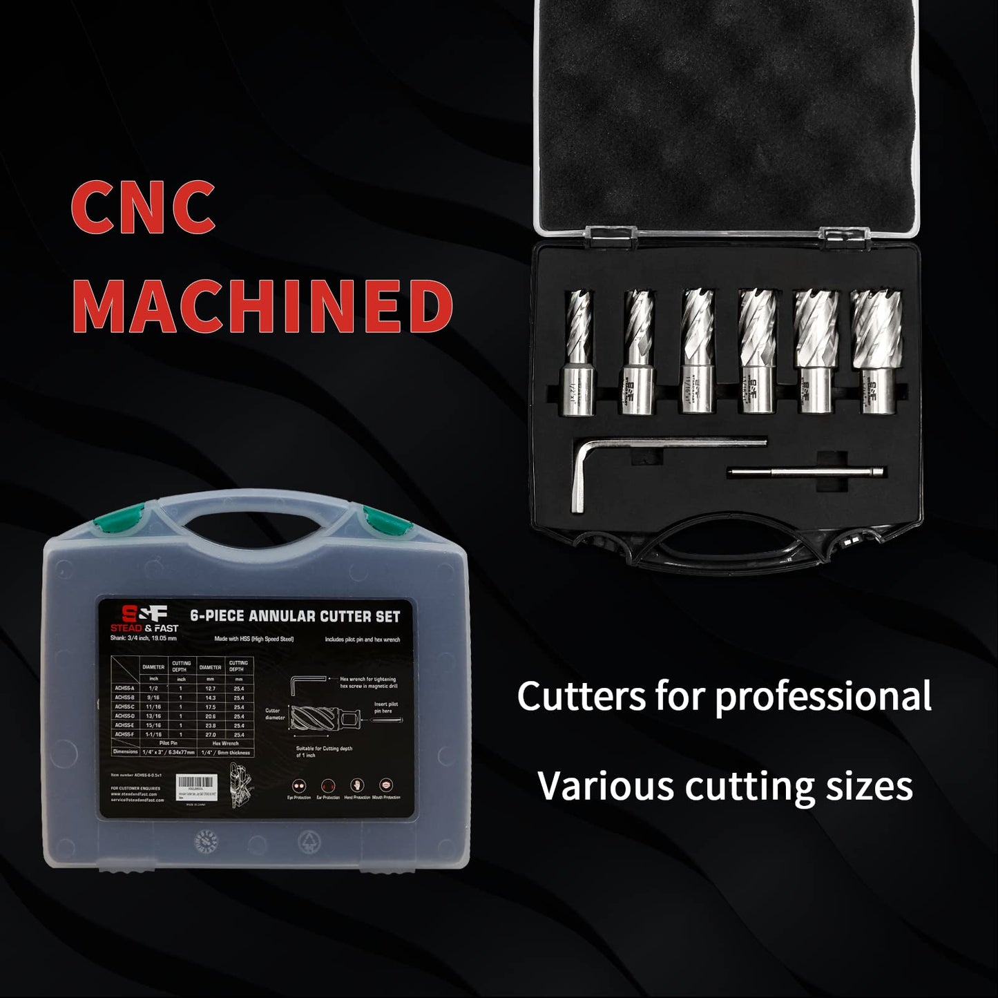 S&F STEAD & FAST Annular Cutter Set 6 Pcs, M2AL HSS Mag Drill Bits Kit, 3/4” Weldon Shank, 1” Cutting Depth, 1/2” to 1-1/16” Cutting Diameter, use with Magnetic Drill Press