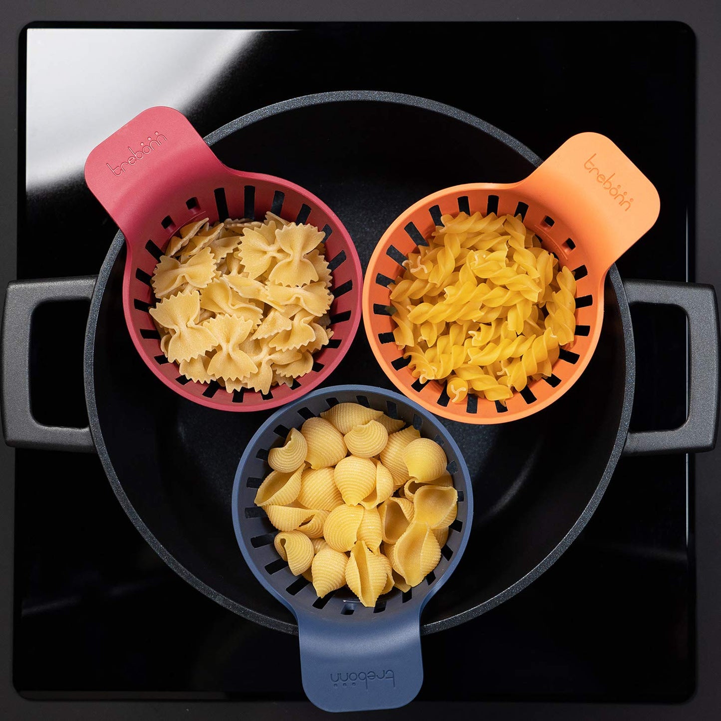 TREBONN, Cookin’ Pod 3 Piece Set, Single Portion Slotted Strainers for Pasta and Vegetables, Everyday Use, Coral Purple Blue-Gray, 1 Set