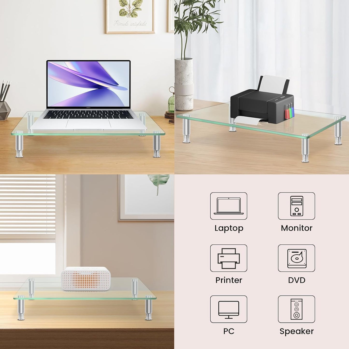 VSAR House 2Pcs, 15L x9.45W x3.75H Inches Tempered Glass Monitor Riser with Height Adjustable, Clear Computer Monitor