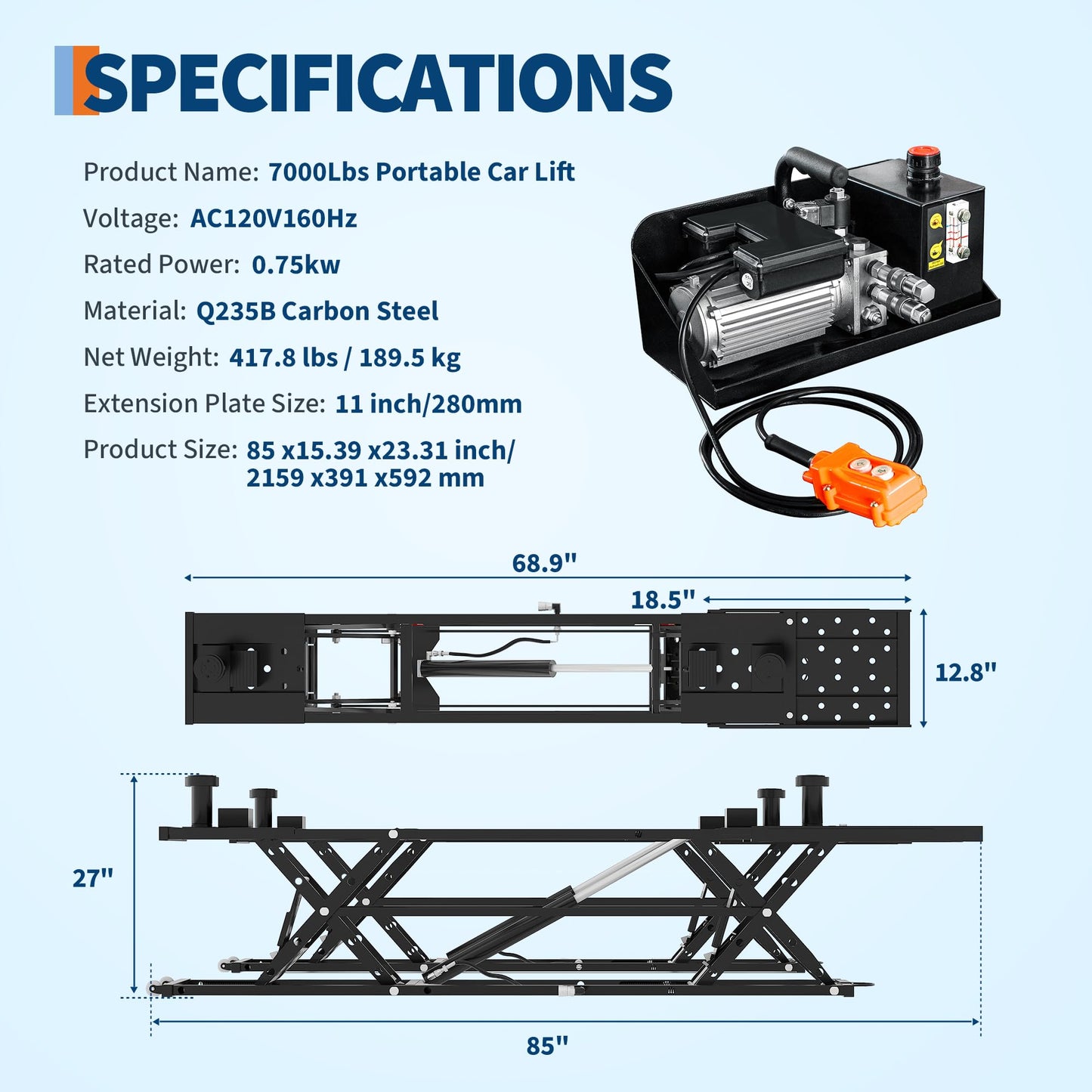 7000LBS Portable Car Lift for Trucks SUV Sedan, Heavy Duty Scissor Lift Jack with Safety Lock, Adjustable Height 6.26"-27", Hydraulic Vehicle Lifting System with Extension Plates