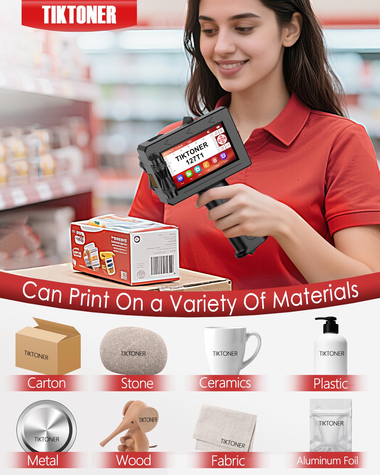TIKTONER 127T1 Handheld Inkjet Printer - Portable Handheld Printer for Text/Logo/QR Code/Barcode/Date/Batch Number/Serial Number, Inkjet Coding Machine for Cardboard/Metal/Plastic/Ceramic/Wood/Fabric
