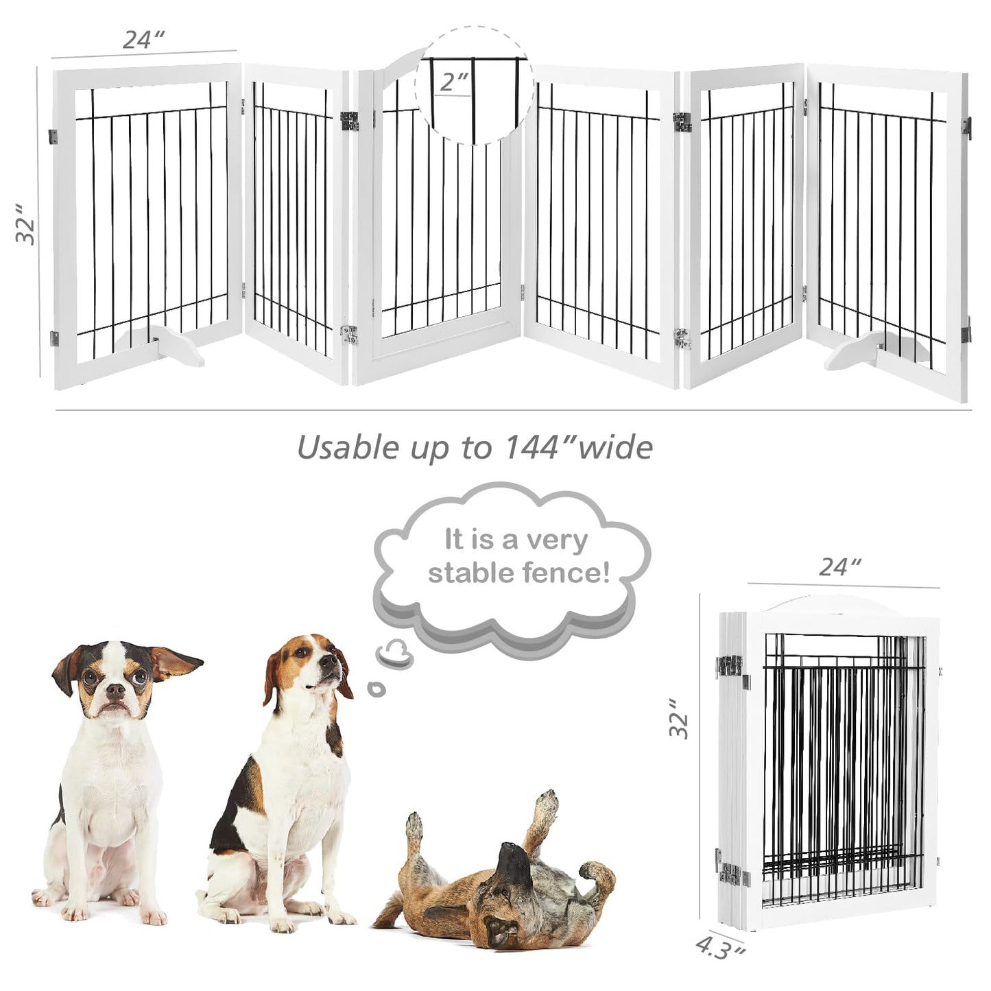 PAWLAND 144-inch Extra Wide 30-inches Tall Dog gate with Door Walk Through, Freestanding Wire Pet Gate for The House, Doorway, Stairs, Pet Puppy Safety Fence, Support Feet Included, White,6 Panels