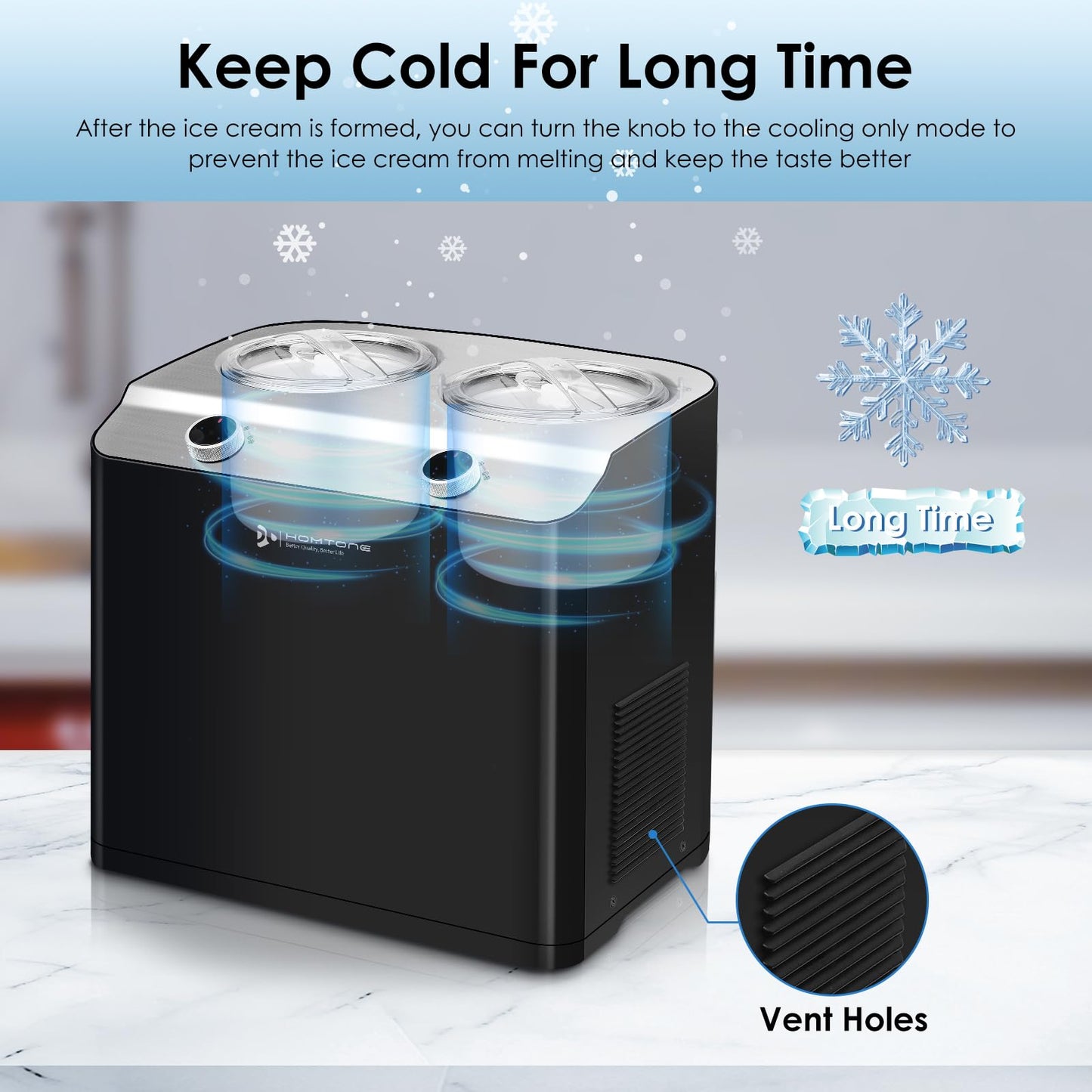 Homtone 2 Flavor Ice Cream Maker,Automatic Compressor Ice Cream Maker Machine with 2 Bowls,2.6QT (2 x 1.3qt) Largest Capacity & Fastest Freezing Ice Cream Machine, 3 Modes, Keep Cool Function