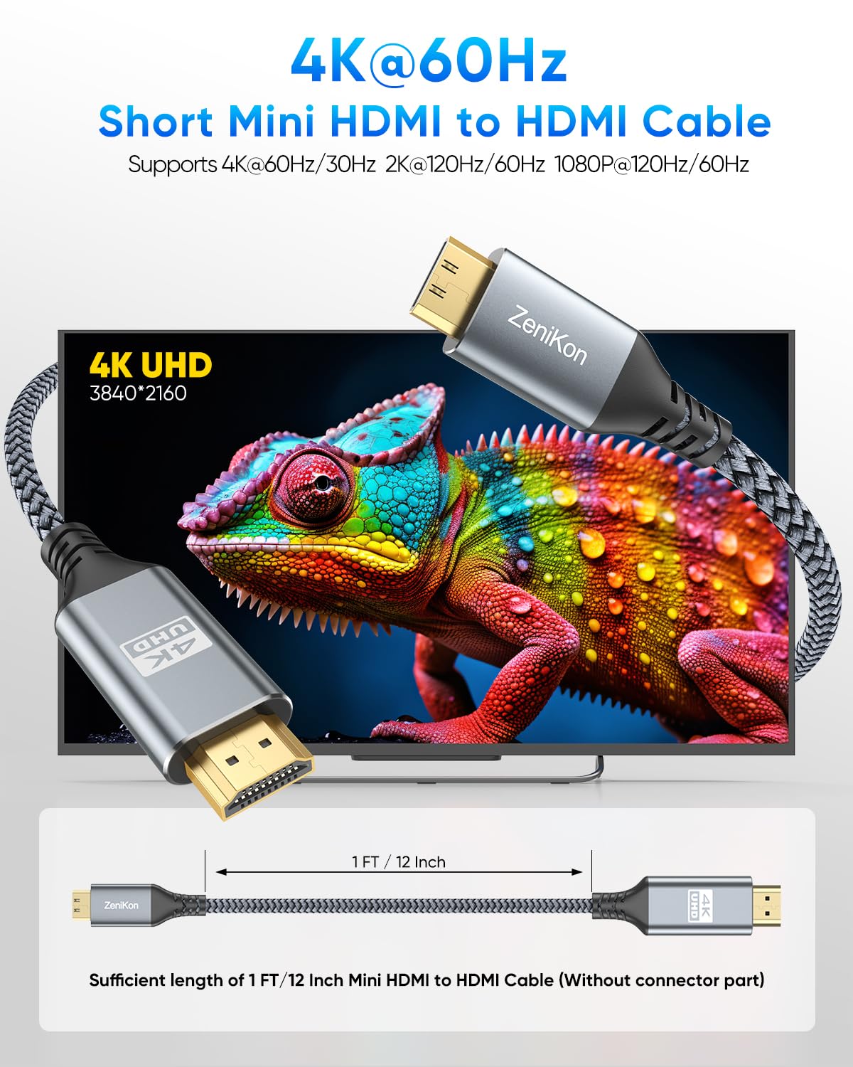 4K 1FT 2-Pack, 4K@60Hz/2K@120Hz/1080P, 18Gbps, Short Mini HDMI to HDMI Cable HDMI to Mini HDMI Cable Braided Cord
