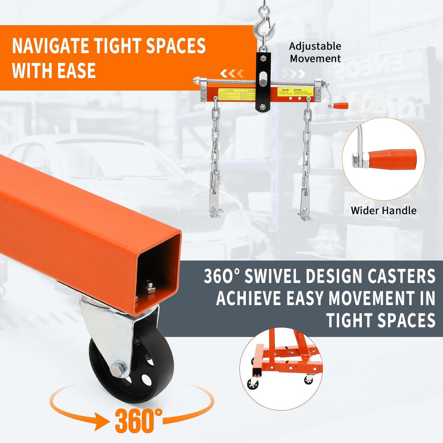 2 Ton Folding Hydraulic Engine Hoist with Load Leveler 4400 LBS Capacity Heavy Duty Cherry Picker 6 Swivel Wheels&Hydraulic Pump Adjustable Boom (0.5T-2T) for Garage Workshop Warehouse Orange