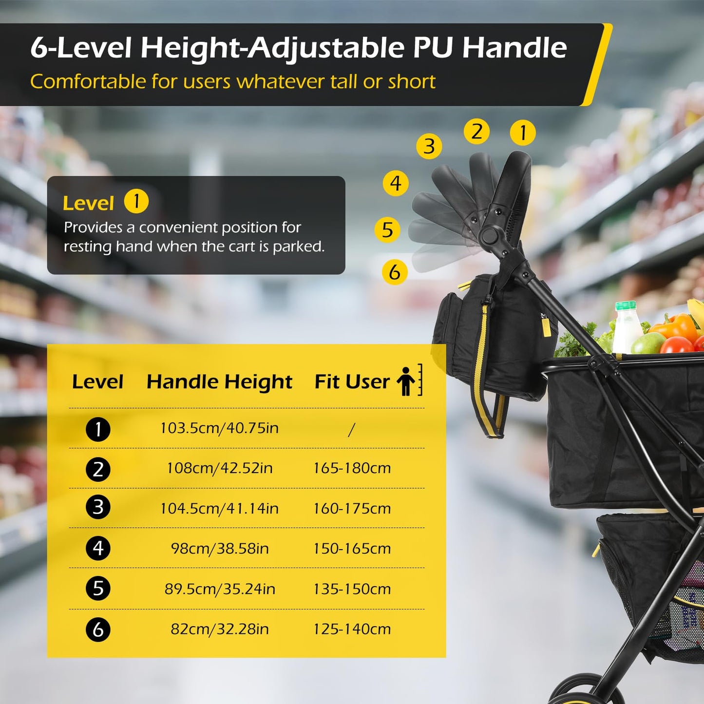 Dyna-Living Shopping Cart for Groceries Adjustable Handle Folding Shopping Carts on Wheels, 70 LBS Grocery Cart Personal Shopping Cart Foldable, Lightweight Aluminum Frame & 600D Oxford Fabric