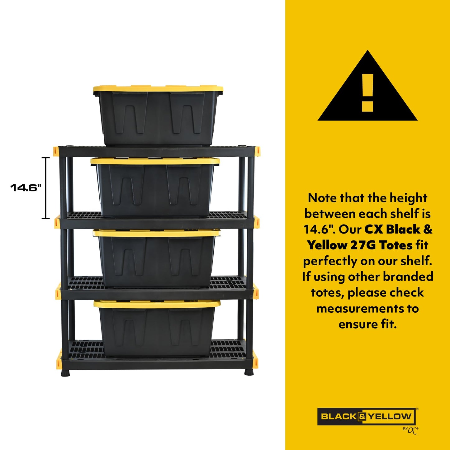 CX Black & Yellow, 4-Tier Heavy Duty Plastic Storage Shelves that Support up to 200lbs/shelf, Organization and Storage, Weather-Resistant Design, Easy Assembly (55"H x 48"W x 20"D)