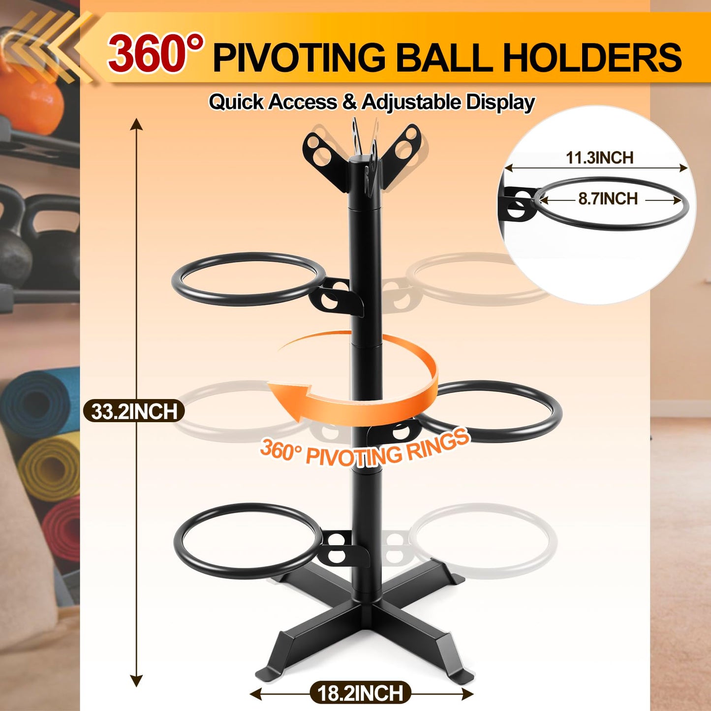 Zonon Medicine Ball Rack for Home Gym, 4-Tier Vertical Storage Stand with 360° Rotating Rings, 4 Balls Heavy Duty Steel Organizer for Yoga, Slam Wall Balls, Space Saving Gym Equipment Storage, Black