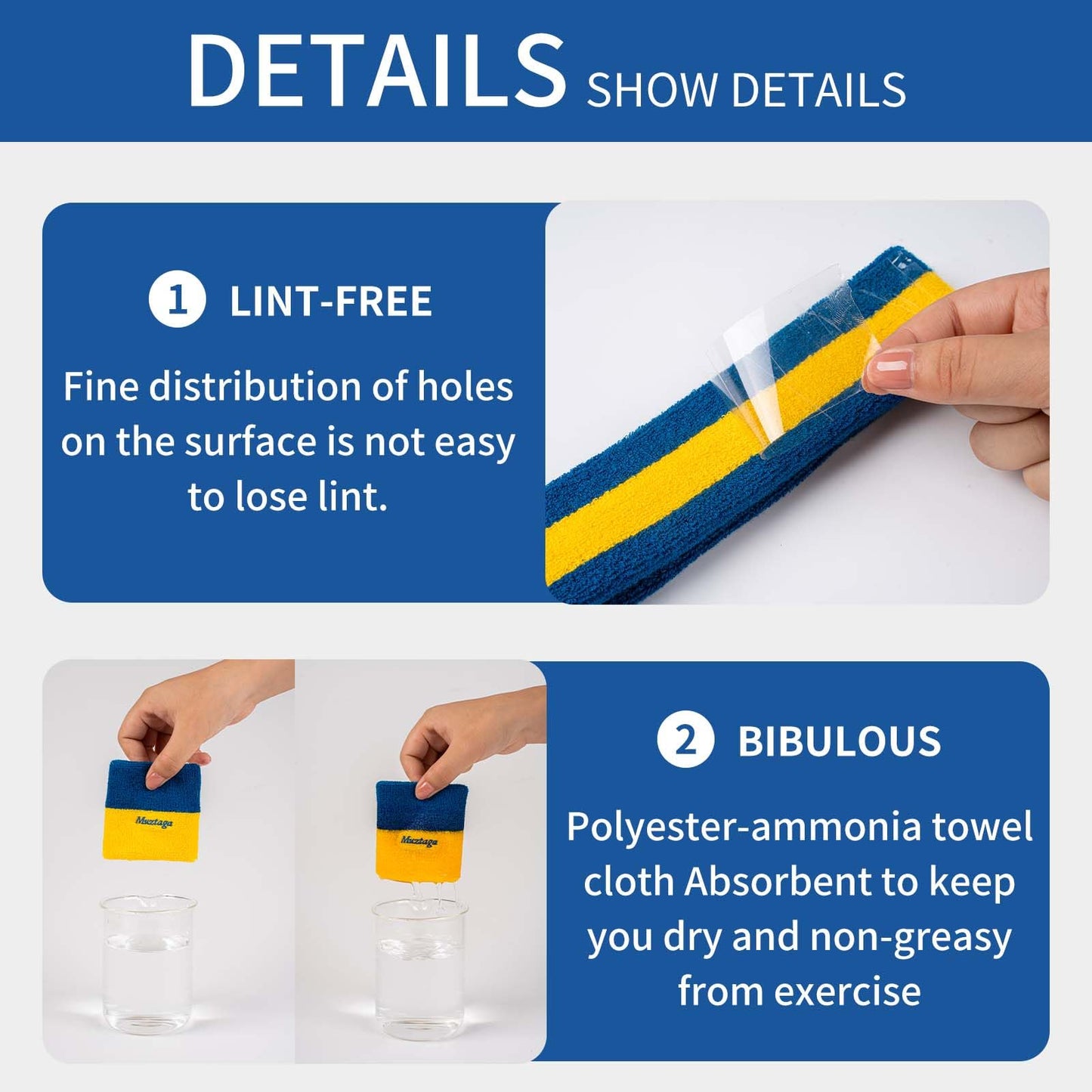 [3-Piece Set] Sweatbands for Men & Women - Includes 1 Headband & 2 Wristbands - Blue & Yellow Terry Cloth Athletic Sweat Bands - Moisture Wicking for Basketball, Tennis, Gym, Running