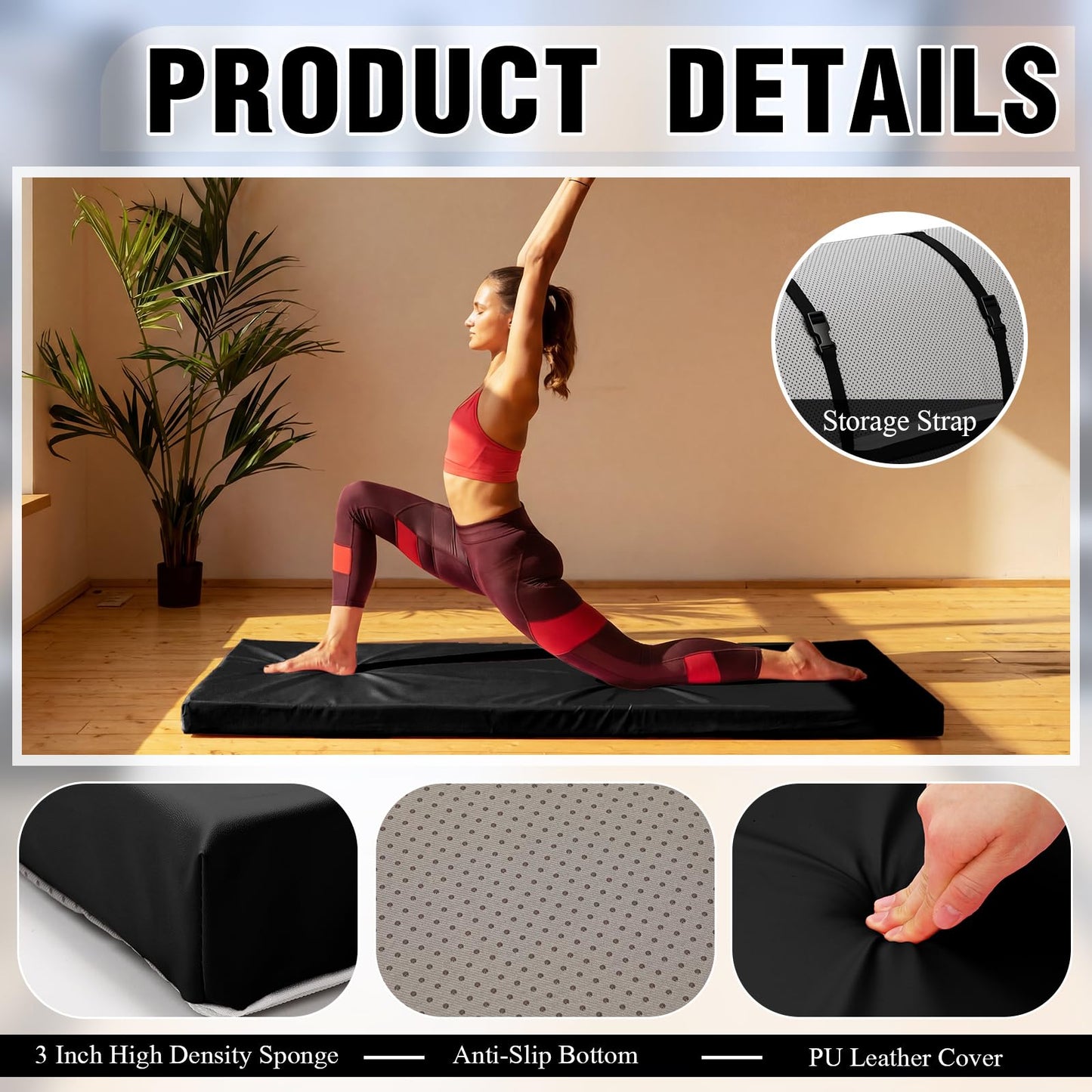 Lyrow 3 Inch 72"x 24" Thick Foldable Yoga Mat with Carry Strap, Non-slip Portable Foam Gym Mat for Yoga, Pilates and Stretching(Black)