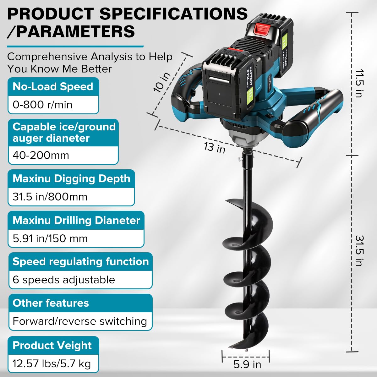 Post Hole Digger,Cordless Earth Auger,Electric Earth Auger,Includes 1twist drill bit with two batteries and one charger,With forward/reverse function，for Post Hole Digging, Drilling,Tree PlantingPlant
