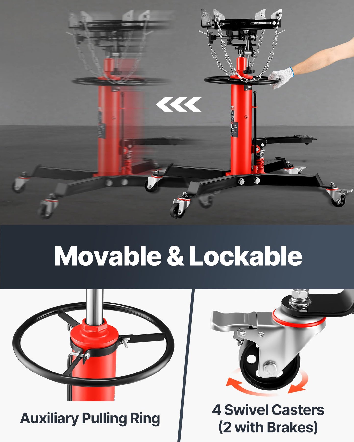 VEVOR 1/2Ton/1100lbs Capacity Hydraulic Transmission Jack, Car & Truck Compatible, 33.5-67 Inch Lift Range, 2-Stage Jack Stand with Foot Pedal, 360 Swivel Wheel, Red
