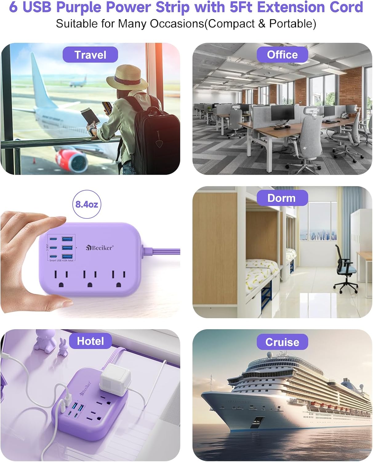 Beeiker 6 USB(3 5Ft 24W 3 USB C) Purple Travel Power Strip- Purple Extension Cord with USB Charging Station