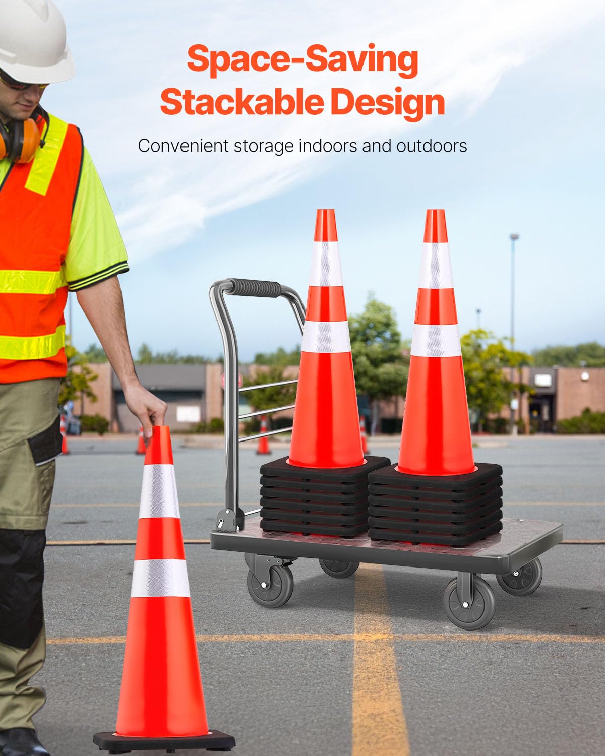 VEVOR Safety Cones, 6 Pack 36" Traffic Cones, PVC Orange Construction Cones with Reflective Collars and Black Weighted Base, for Traffic Control, Driveway Road Parking and School Improvement