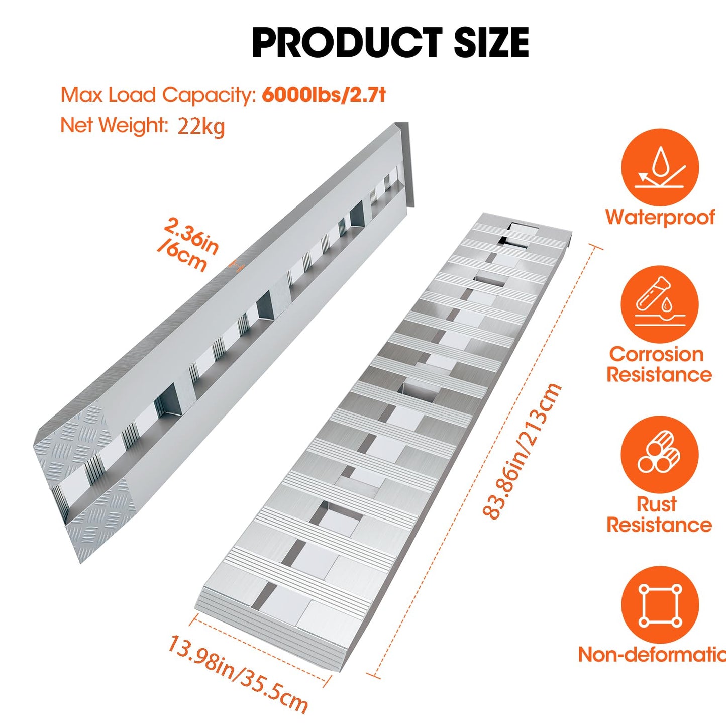Aluminum Trailer Ramps, 6000LBS Capacity Heavy-Duty Loading Ramps for Bike, Motorcycle, Tractor, ATV/UTV, Trucks, Auto Hauler- with Knife & Hook Ends, 2pcs (84 X 14 Inch)