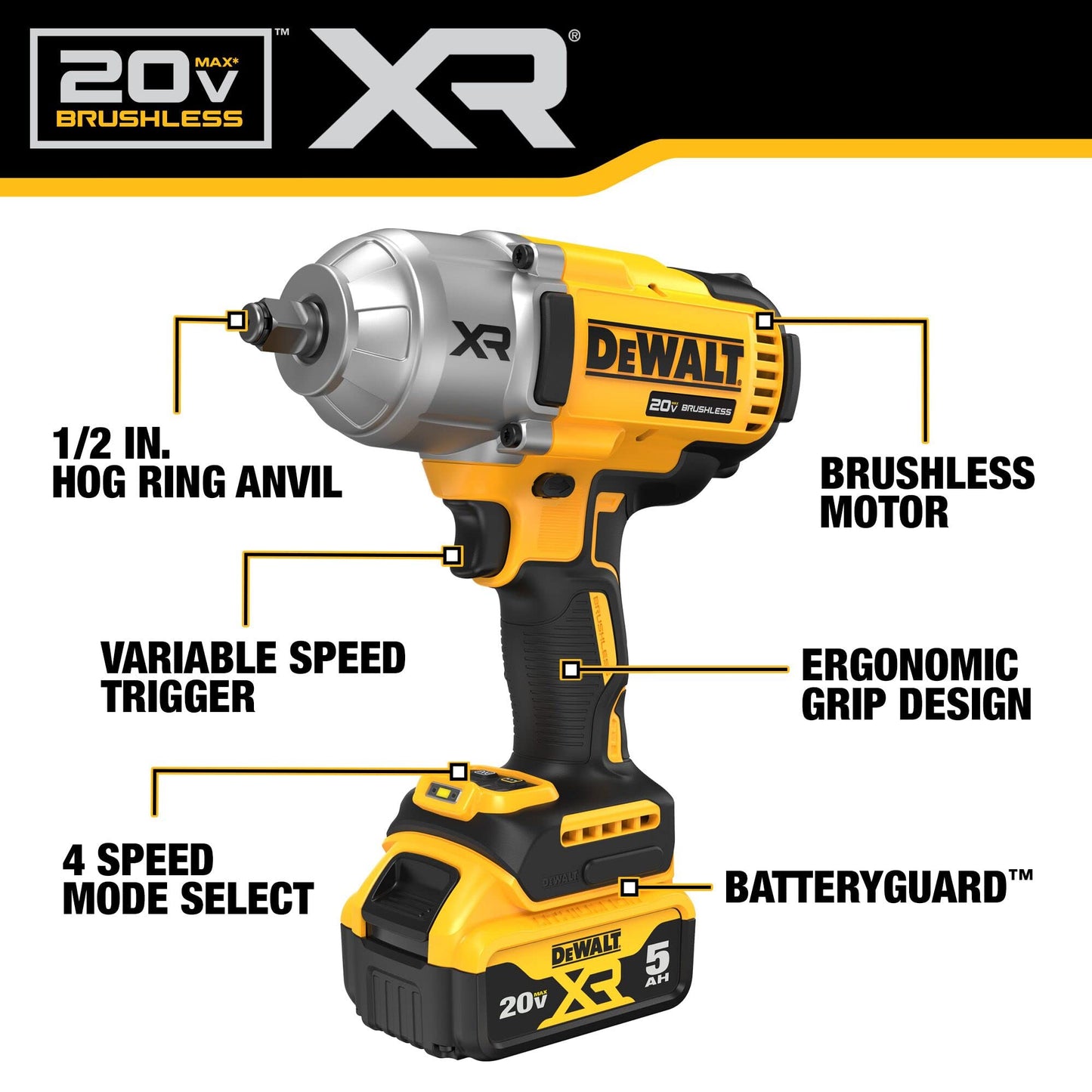 DEWALT 20V MAX Cordless Impact Wrench with Hog Ring Anvil, Brushless High Torque 1/2 Impact Gun, 4-Mode Speed, Includes Battery, Charger and Kit Bag (DCF900P1)