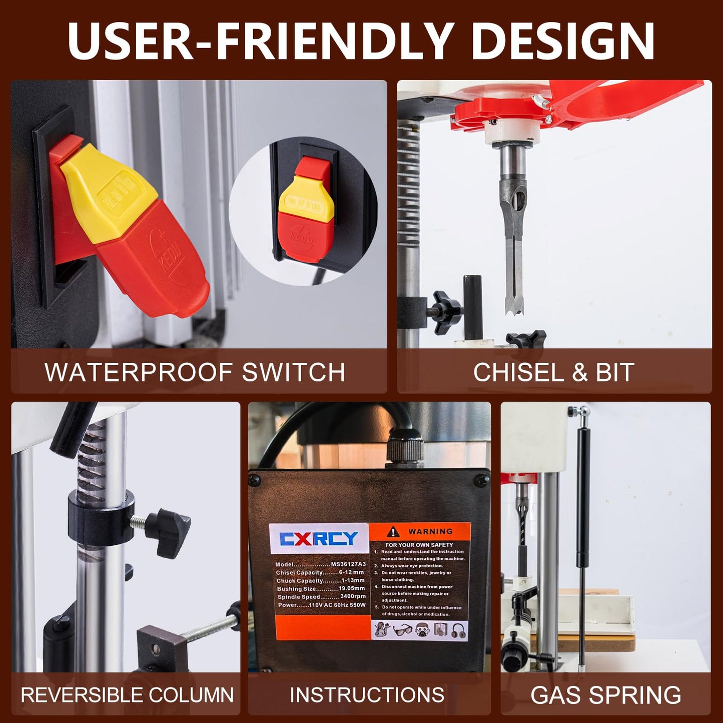 Benchtop Mortiser, 3400RPM 3/4HP Woodworking Mortising Machine with 1/4", 3/8", 1/2" Chisels Wooden Workbench, Benchtop Drill Press for Making Round Holes Square Holes Or Special Square Holes