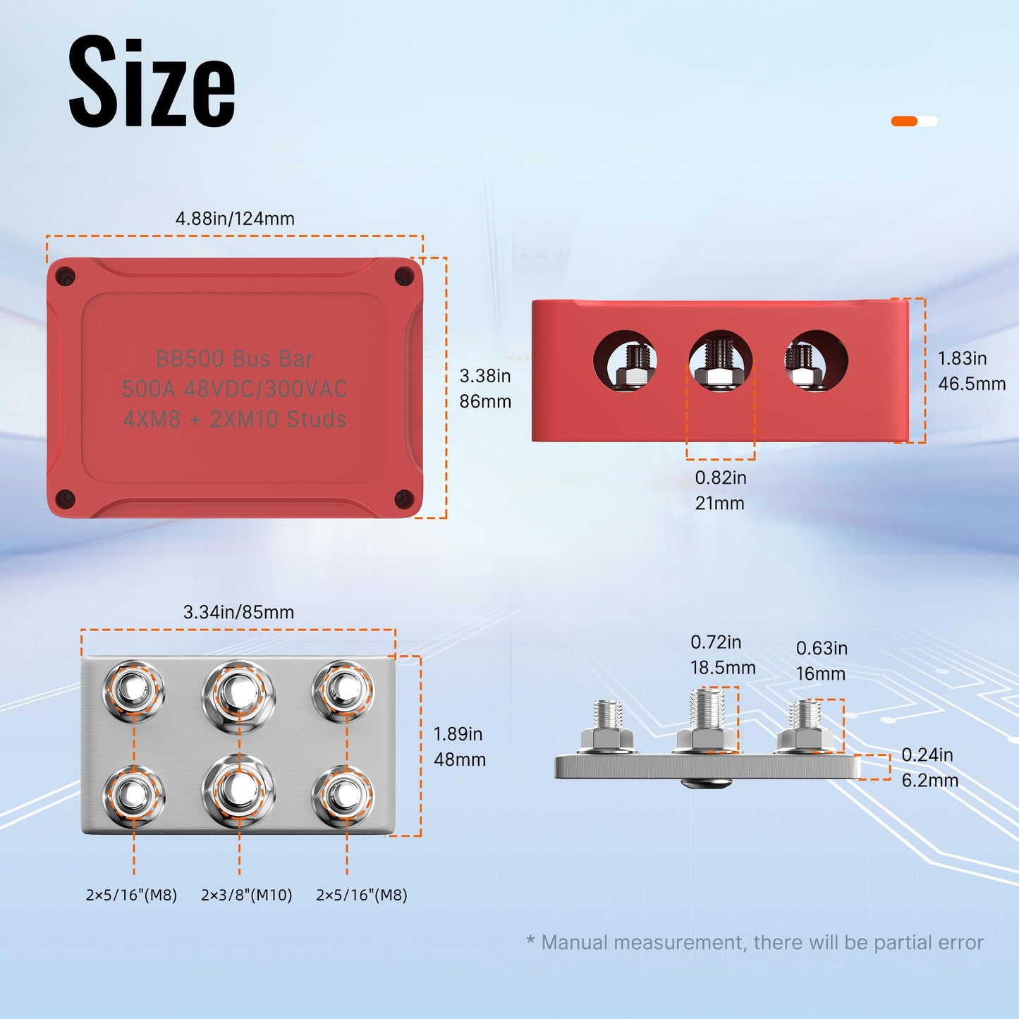 Joinfworld Heavy Duty 500A Bus Bar Waterproof Power Distribution Block with 4*5/16"(M8)+2*3/8"(M10) Studs + Bus Bar 400A 12V Power Distribution Block 6 x 5/16"(M8) Studs for Automotive, Car, Boat, Sol