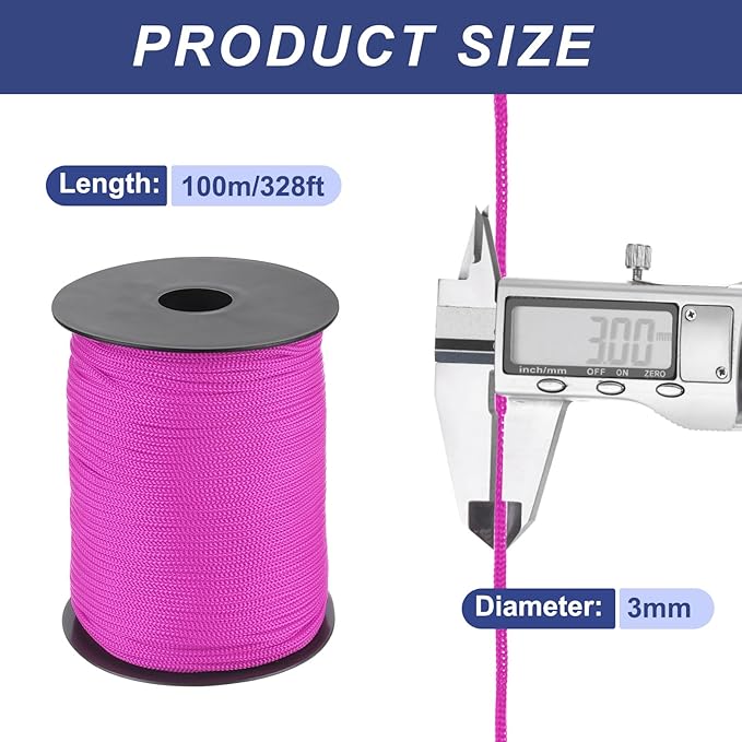 MECCANIXITY 1/8 Inch Polypropylene Rope Braided Ropes, 328ft Nylon Rope Hollow Utility Cord for Clothesline, Camping, Hiking, Outdoor, Rose Red