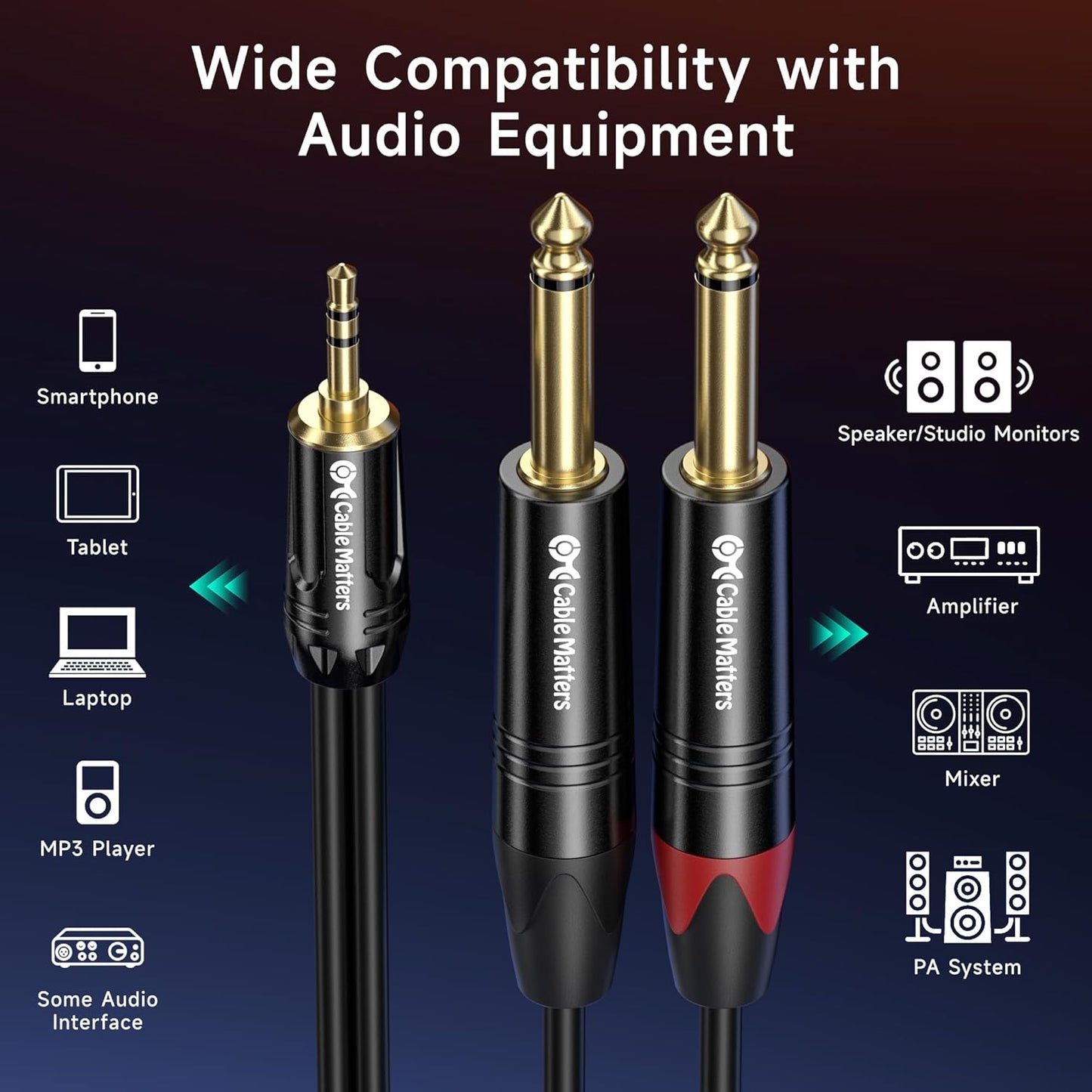 3.5mm 6.35mm 6ft, 1/8 1/4 3.5mm 1/4 Cable Matters TRS to Dual TS Breakout Cable - to Stereo Cable, to Y Splitter Cord