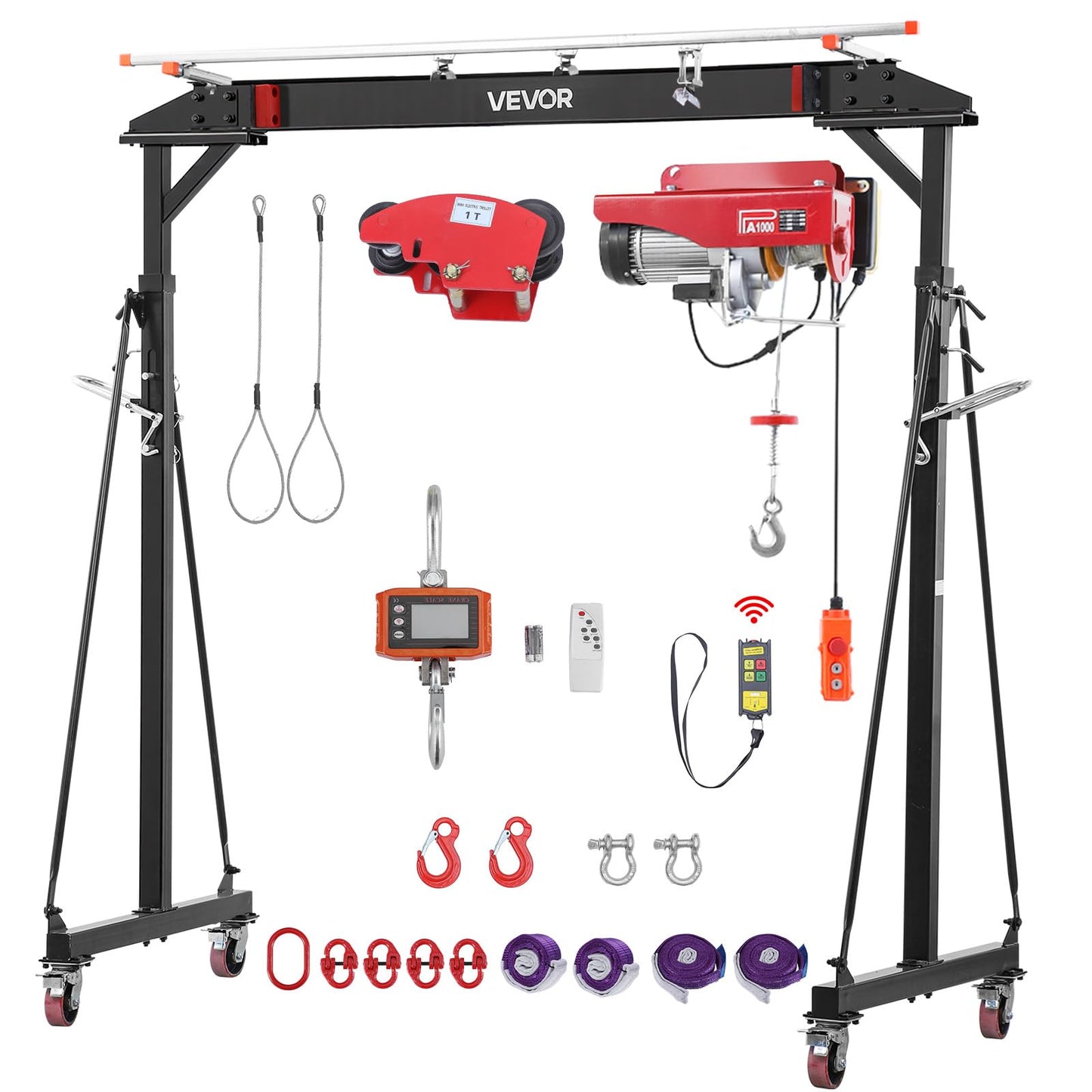VEVOR Adjustable Gantry Crane, 2200 lbs Capacity, Portable Shop Lift Hoist with 95.7-142.9 in Height Adjustable, Manual Trolley, Electrical Hoist, Sling, Shackles, for Factory Warehouse Auto Repair